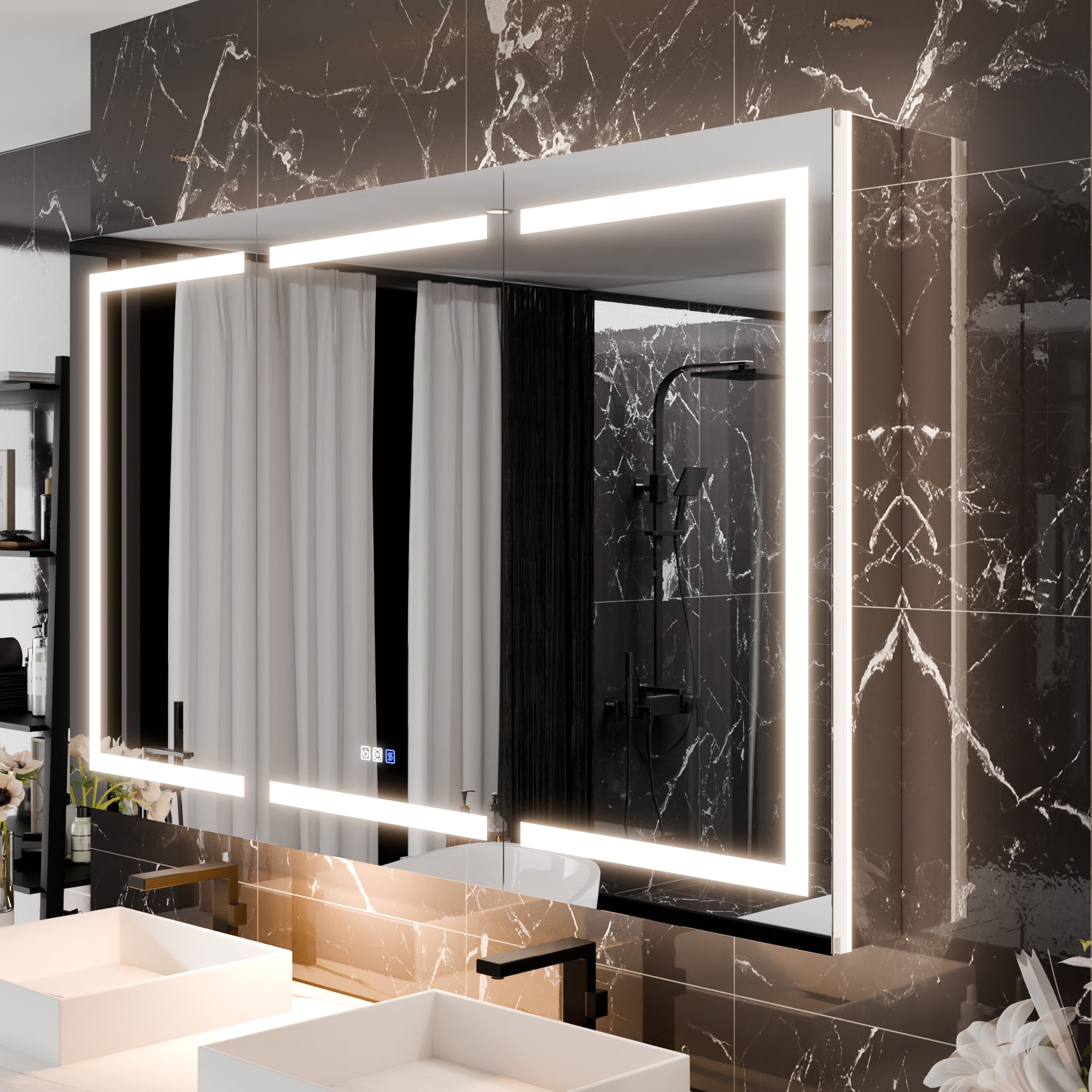 WELLFOR 60 in. x 36 in. Recessed/Surface Mount Right Medicine Cabinet with 5X Magnifier Mirror and Night Light