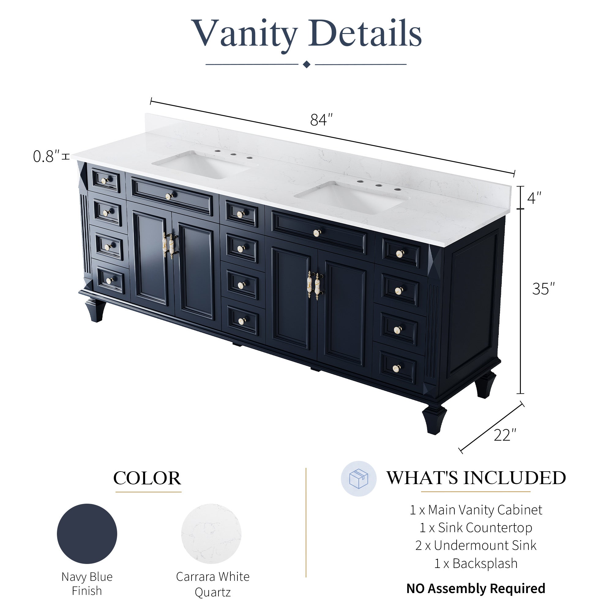 84 in. Freestanding Solid Wood Bathroom Vanity with Carrara White Quartz Countertop, Navy Blue