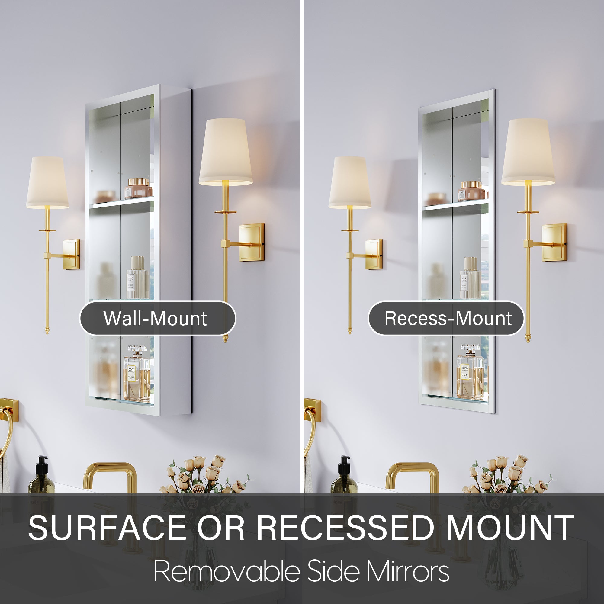 12 in.×30 in. Recessed/Surface Mount Aluminum Medicine Cabinet with Open Shelves and 3 PCS Tempered Glass