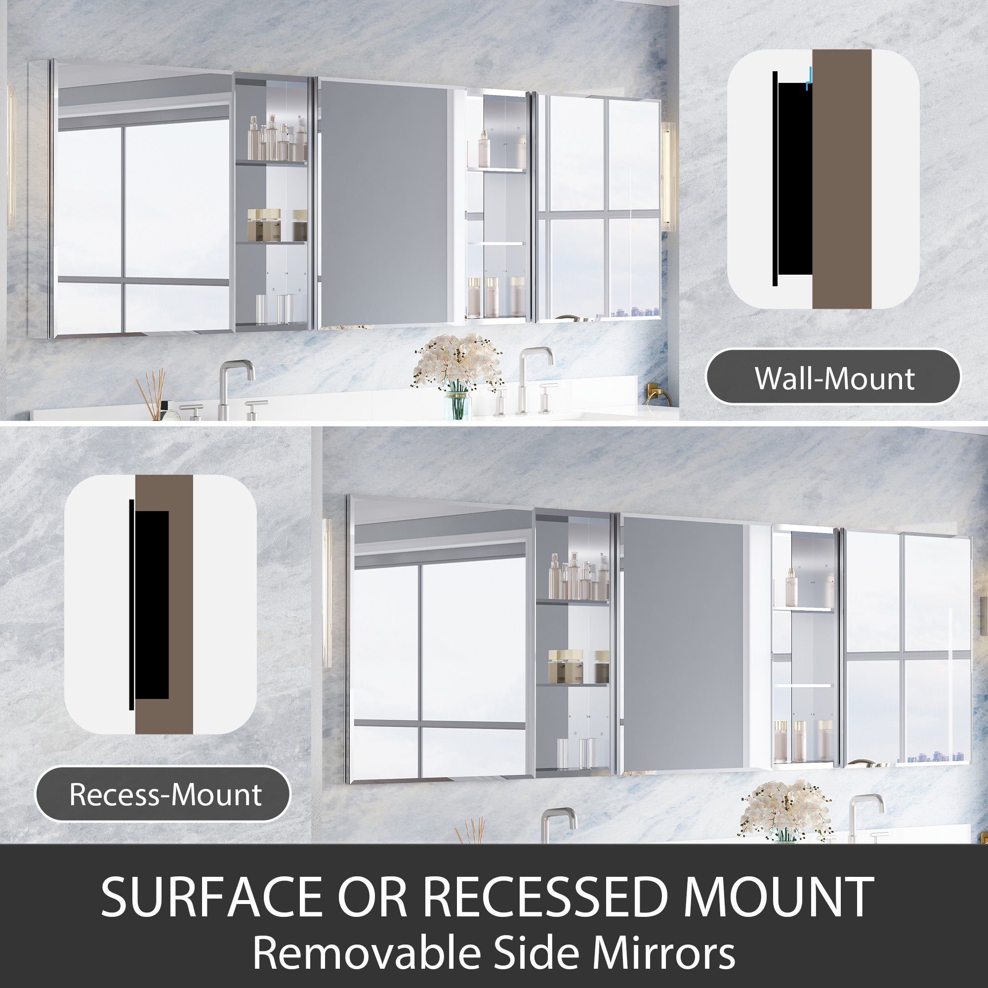 96 in.×30 in.H Aluminum Copper-Free Mirror Medicine Cabinet with Beveled Mirror Door and Open Shelf Storage Set