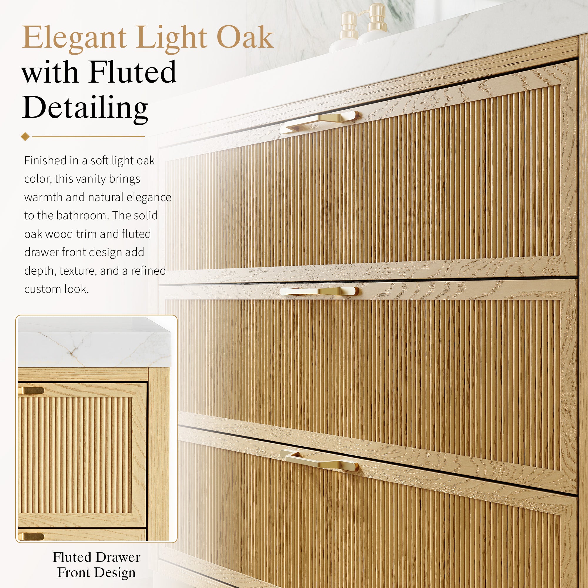 36 Inch Modern Solid Oak Bathroom Vanity with Calacatta Quartz Countertop, 3 Fluted Drawers & Brushed Gold Legs