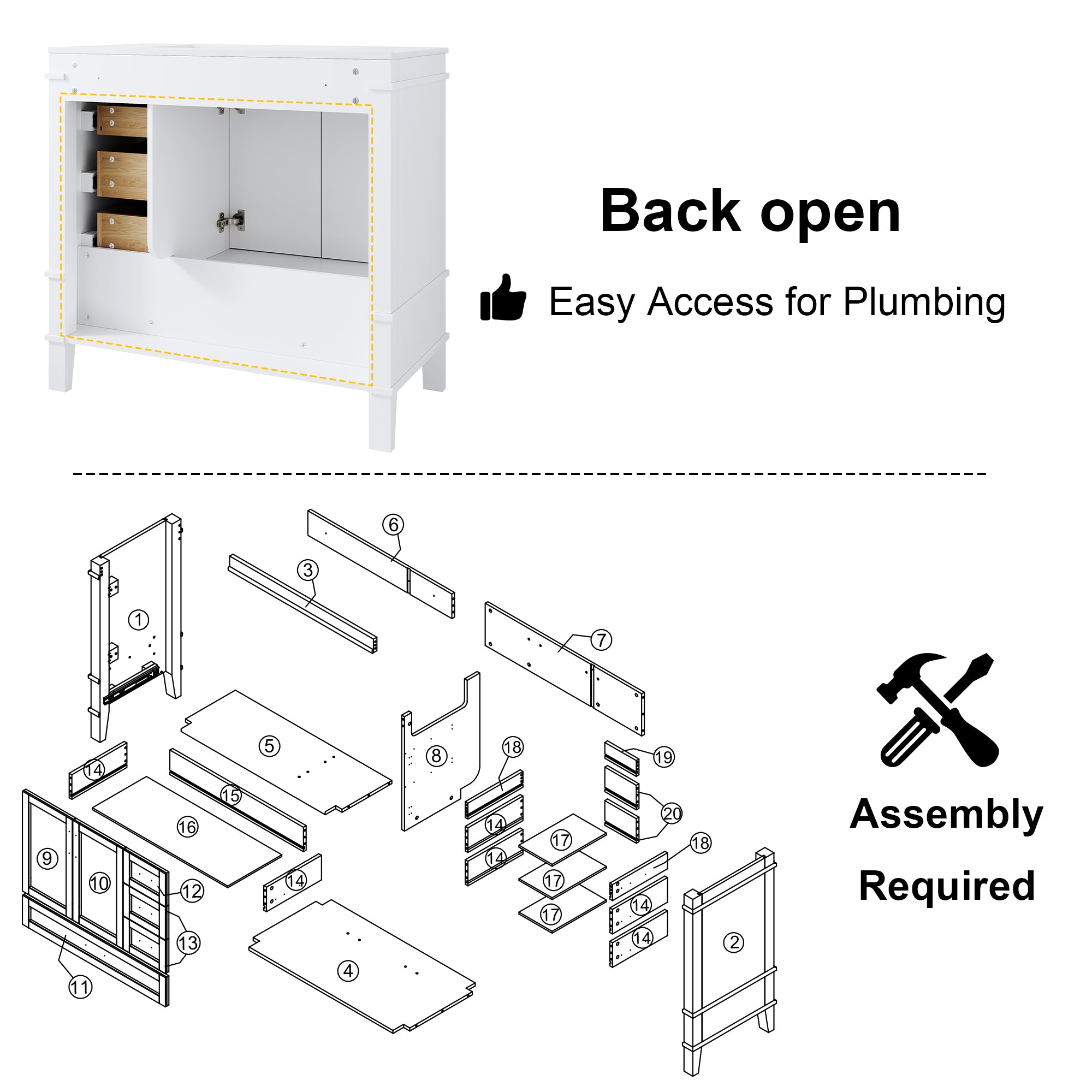 36 Inch Solid Wood Bathroom Vanity with cUPC Ceramic Sink, Brushed Gold Alloy Handles and Soft-Close Hinges