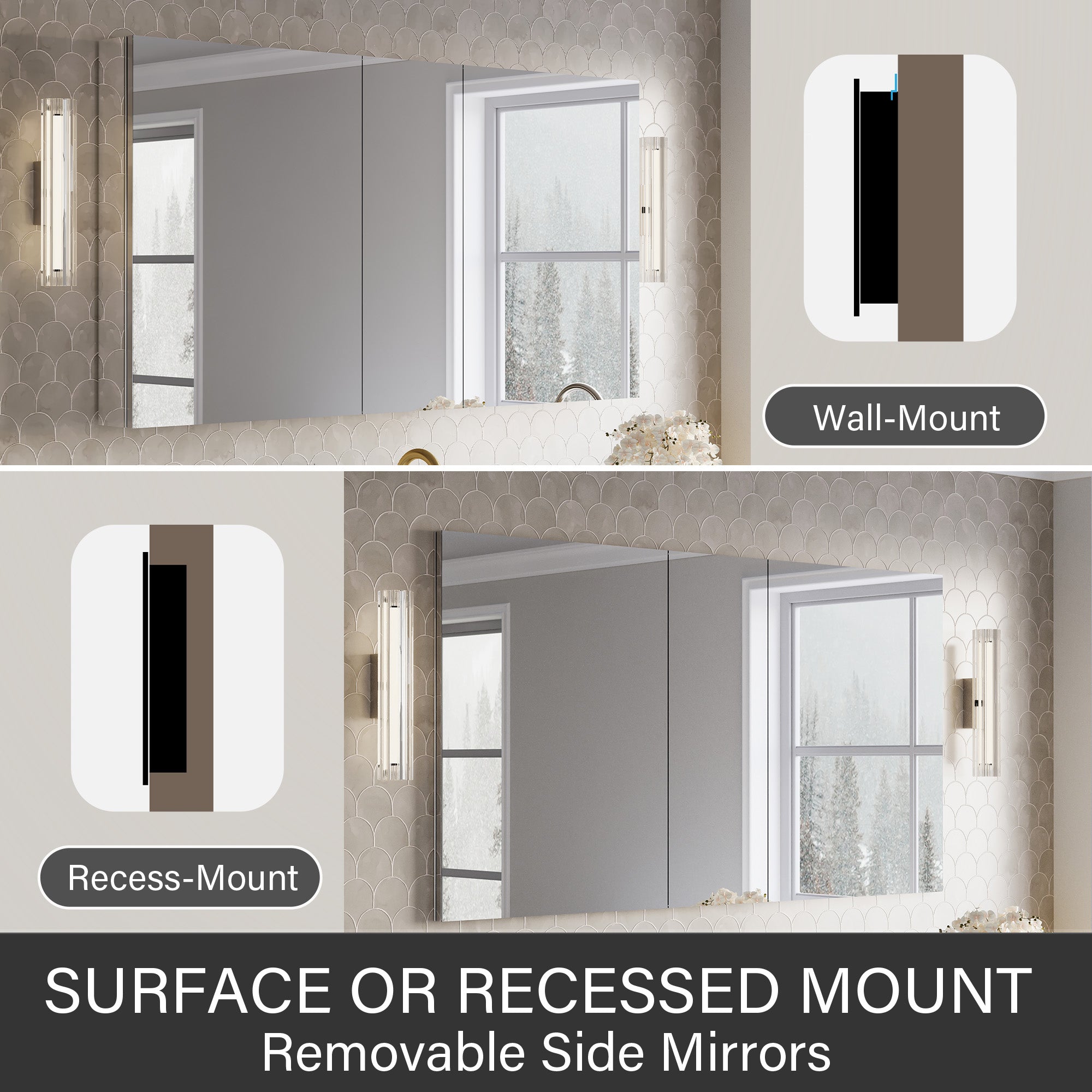 60 in.×32 in.H Copper-Free Mirror Medicine Cabinet with Soft-Close Blum® Hinges and 3 Doors