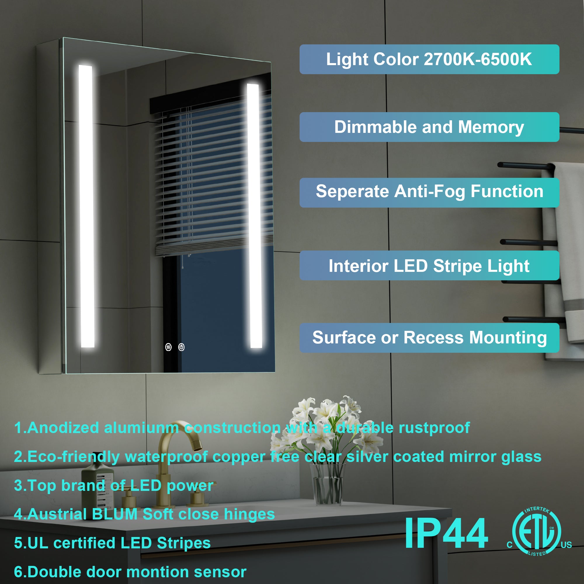 24 in. x 30 in. LED Lighted Surface/Recessed Mount Mirror Medicine Cabinet with Outlet left Side