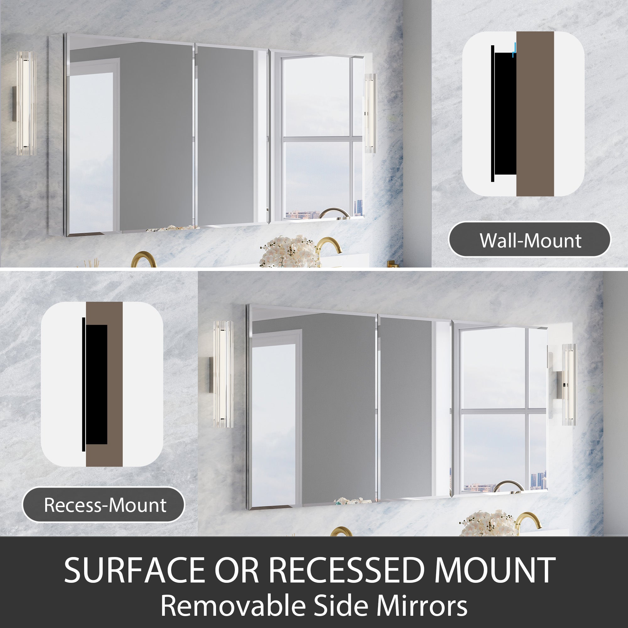 64 in.×30 in.H Copper-Free Mirror Medicine Cabinet with Beveled Mirror Door, Soft-Close Blum® Hinges, 9 Adjustable Shelves