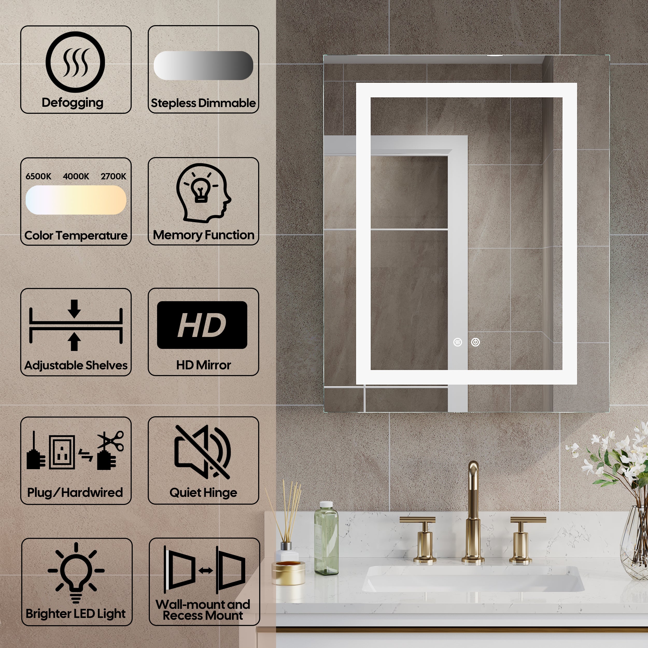 24 in. x 30 in. LED Lighted Surface/Recessed Mount Silver Mirrored Medicine Cabinet with Outlet right Side