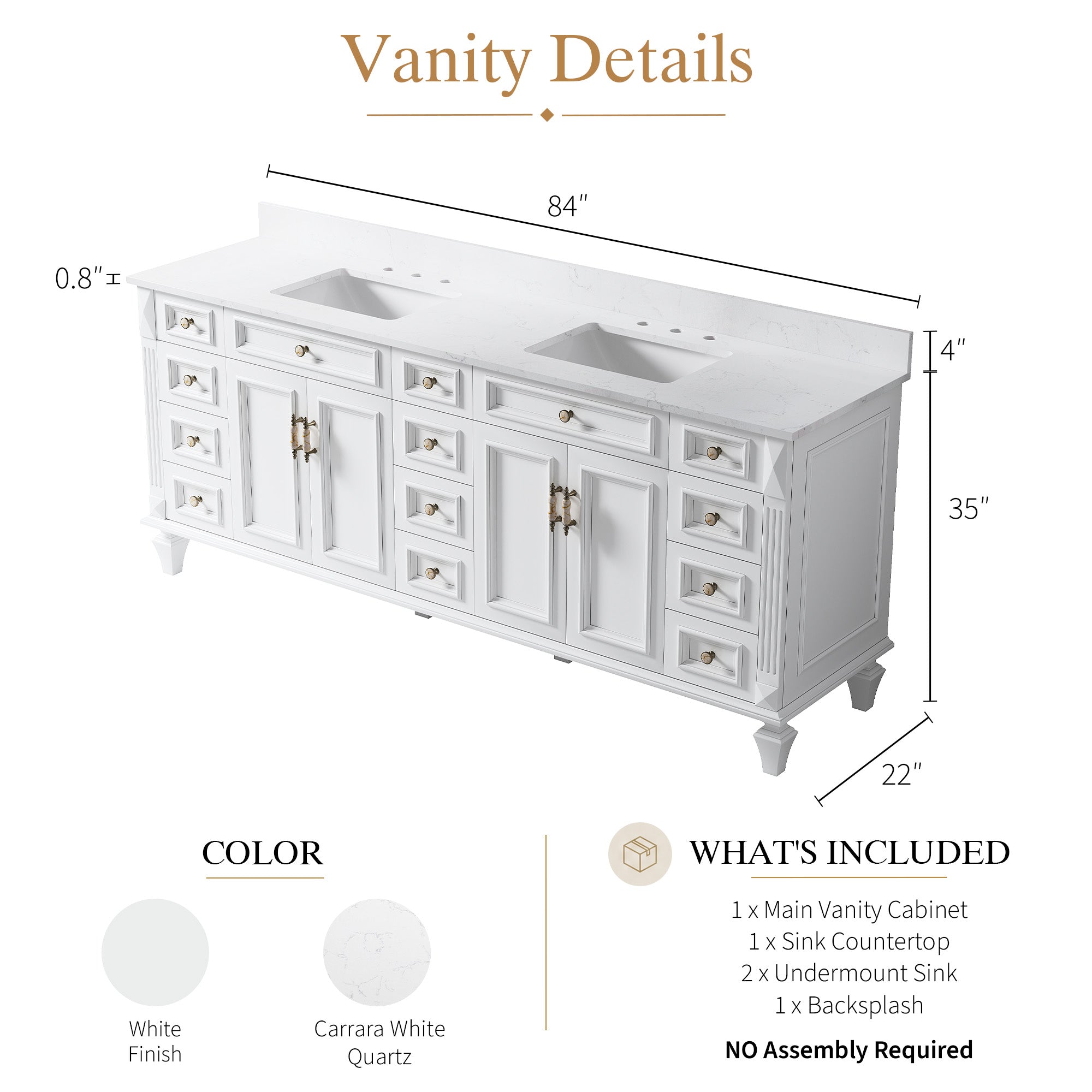 84 in. Freestanding Solid Wood Bathroom Vanity with Carrara White Quartz Countertop, White