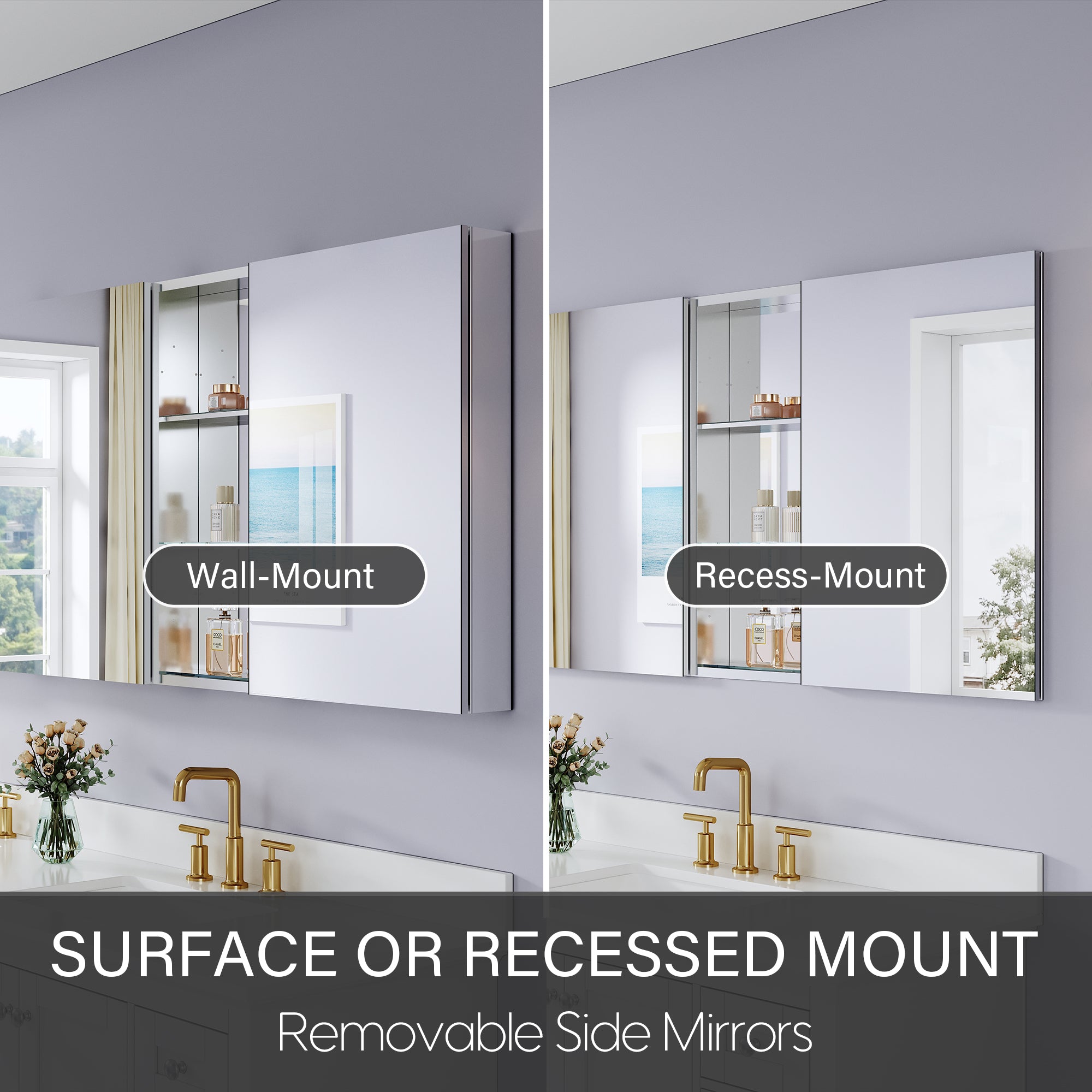 84 in. ×30 in. Aluminum Bathroom Medicine Cabinet and Open Shelf Set, Recessed or Surface Mount