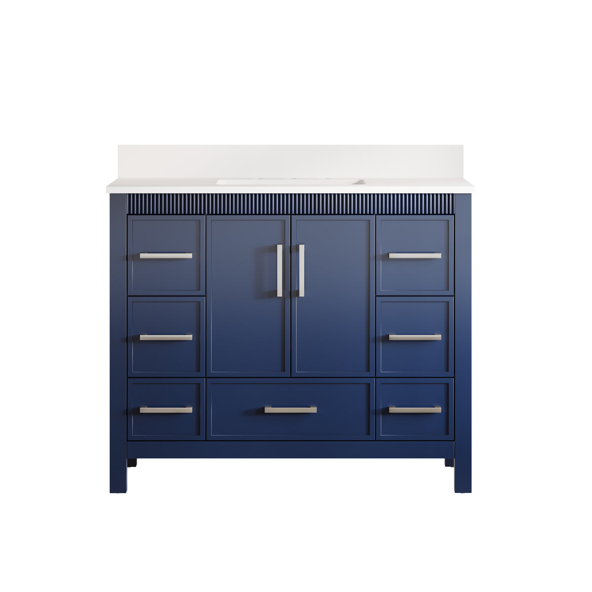 42 Inch Freestanding Solid Wood Bathroom Vanity with Fluted Molding, Pure White Quartz Countertop, Navy Blue