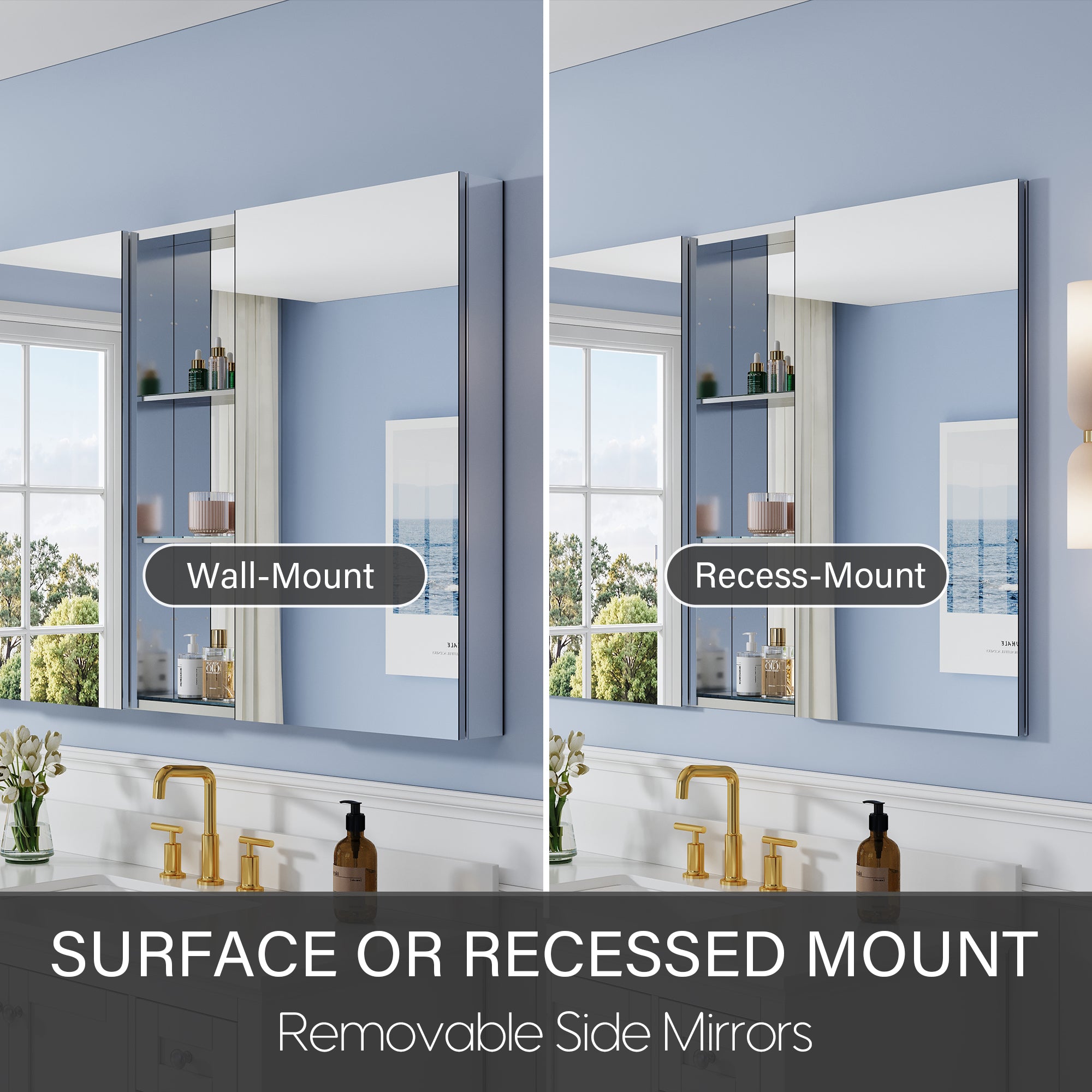 84 in. ×36 in. Aluminum Bathroom Medicine Cabinet and Open Shelf Set, Recessed or Surface Mount