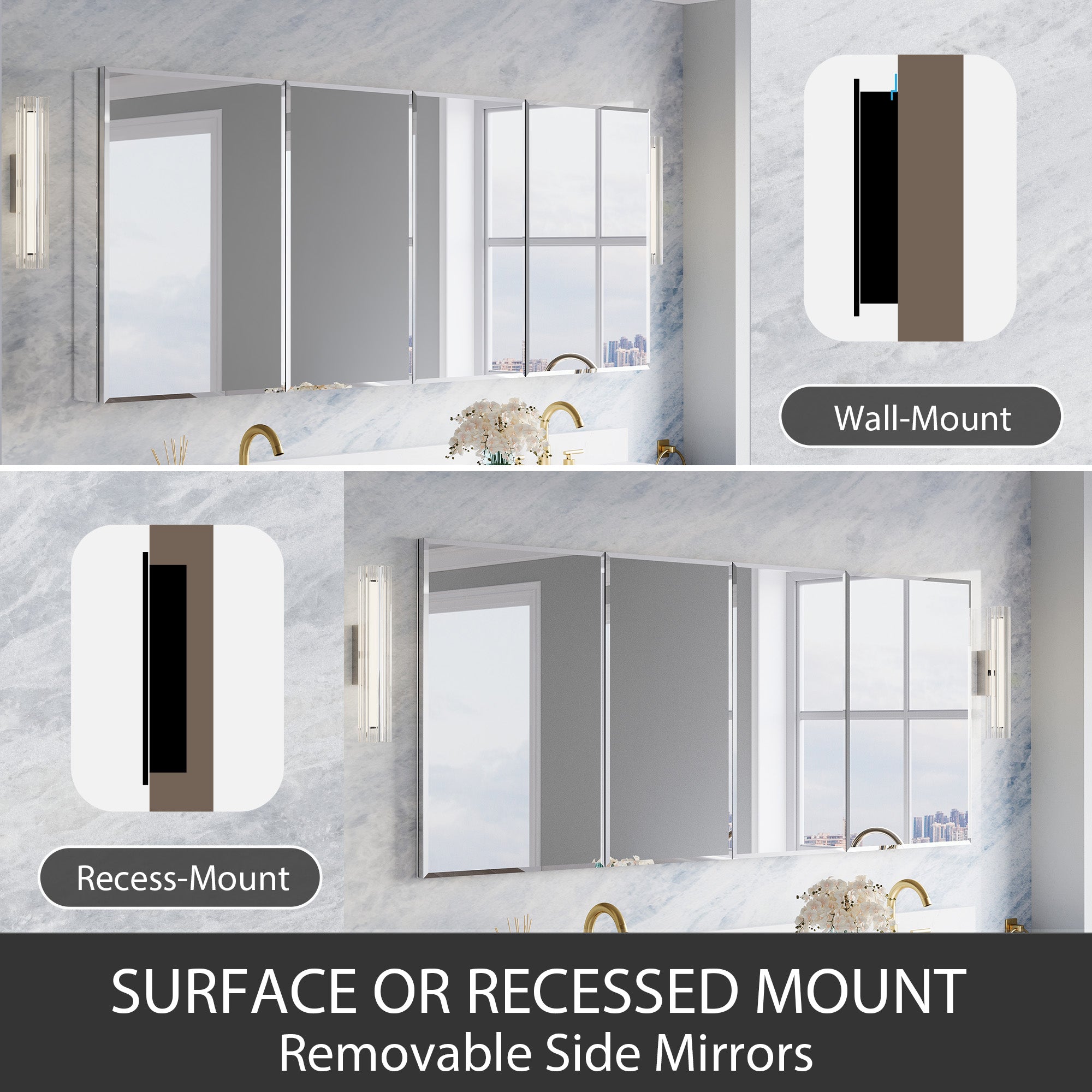 72 in.×30 in.H Aluminum Copper-Free Mirror Medicine Cabinet with Beveled Mirror Door, Recessed or Surface Mount, Adjustable Shelves