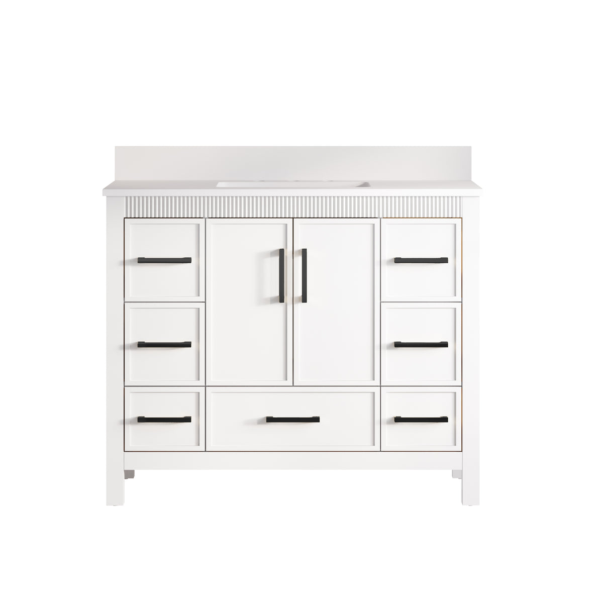 42 Inch Freestanding Solid Wood Bathroom Vanity with Fluted Molding, Pure White Quartz Countertop, White
