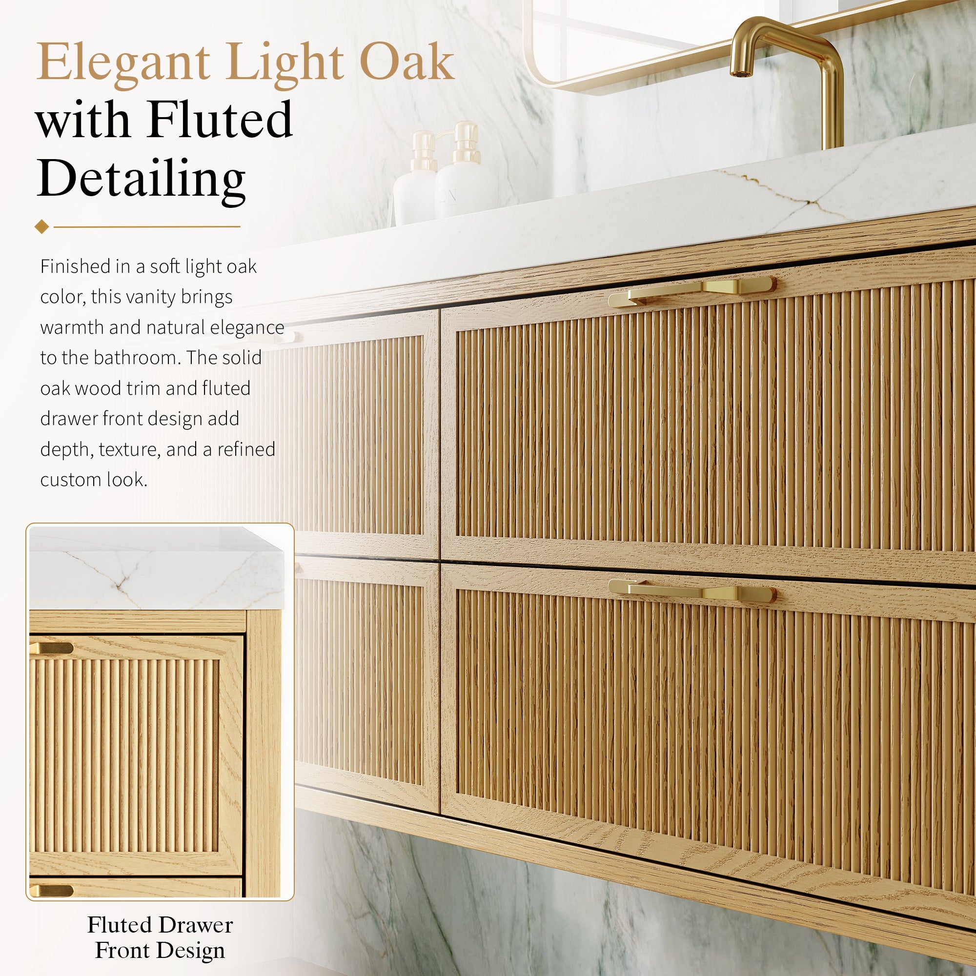 48-Inch Solid Oak Floating Bathroom Vanity with Calacatta Quartz Countertop, 4 Soft-Close Fluted Drawers