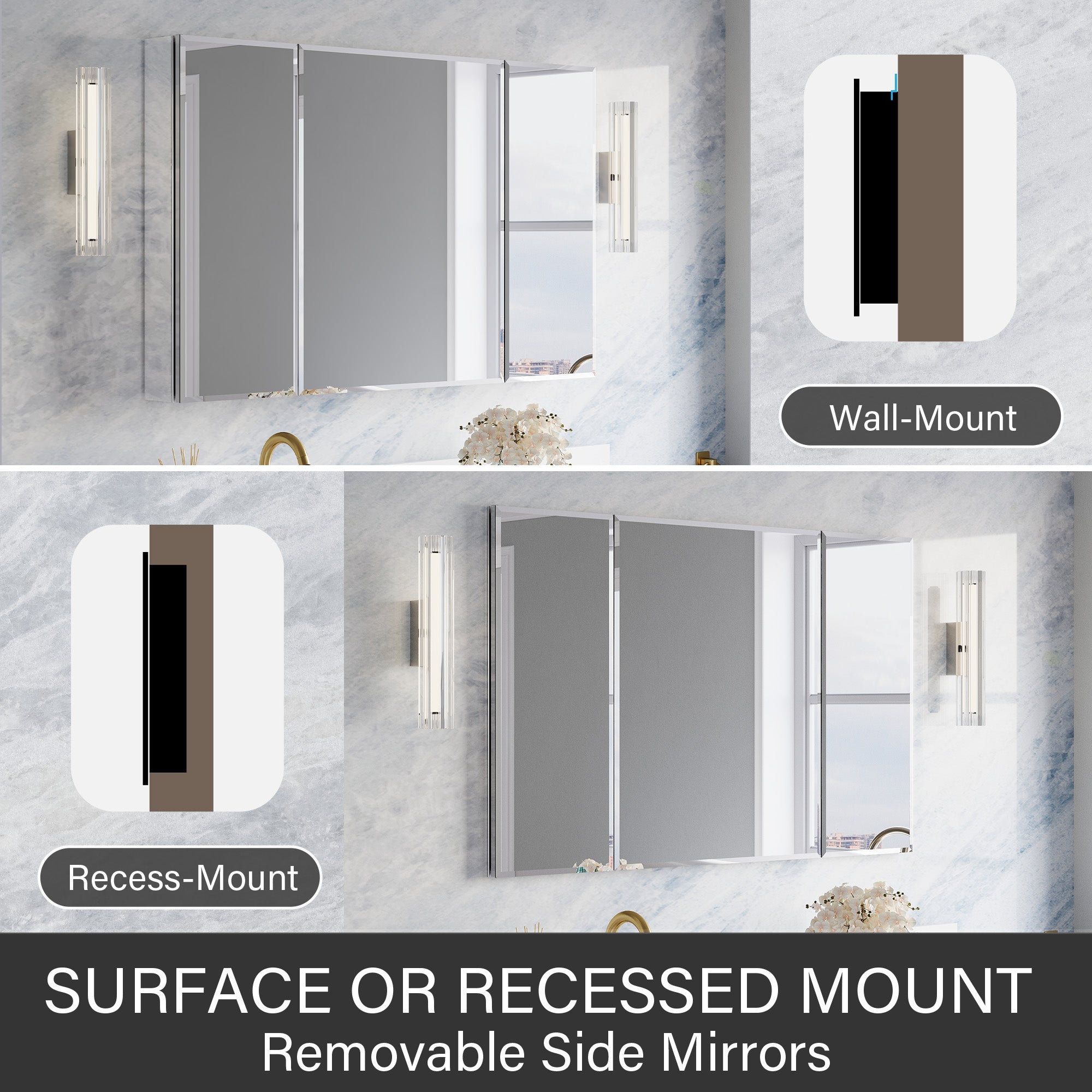 48 in.×30 in.H Aluminum Copper-Free Mirror Medicine Cabinet with Beveled Mirror Door, Recessed or Surface Mount, Adjustable Shelves