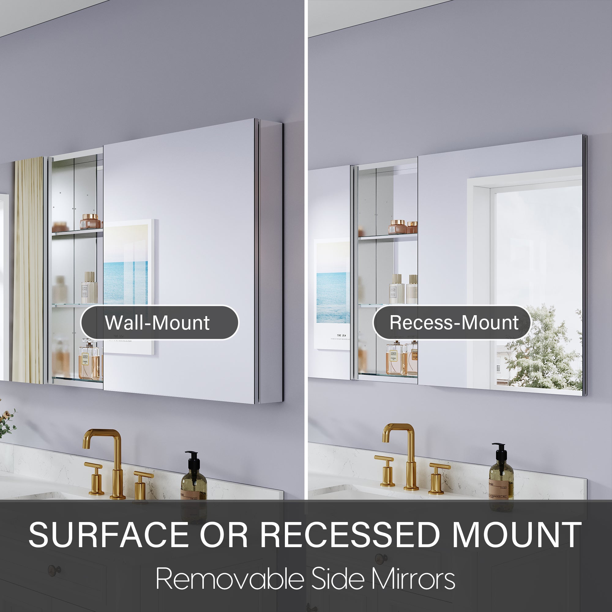 96 in. ×30 in. Aluminum Bathroom Medicine Cabinet and Open Shelf Set, Recessed or Surface Mount