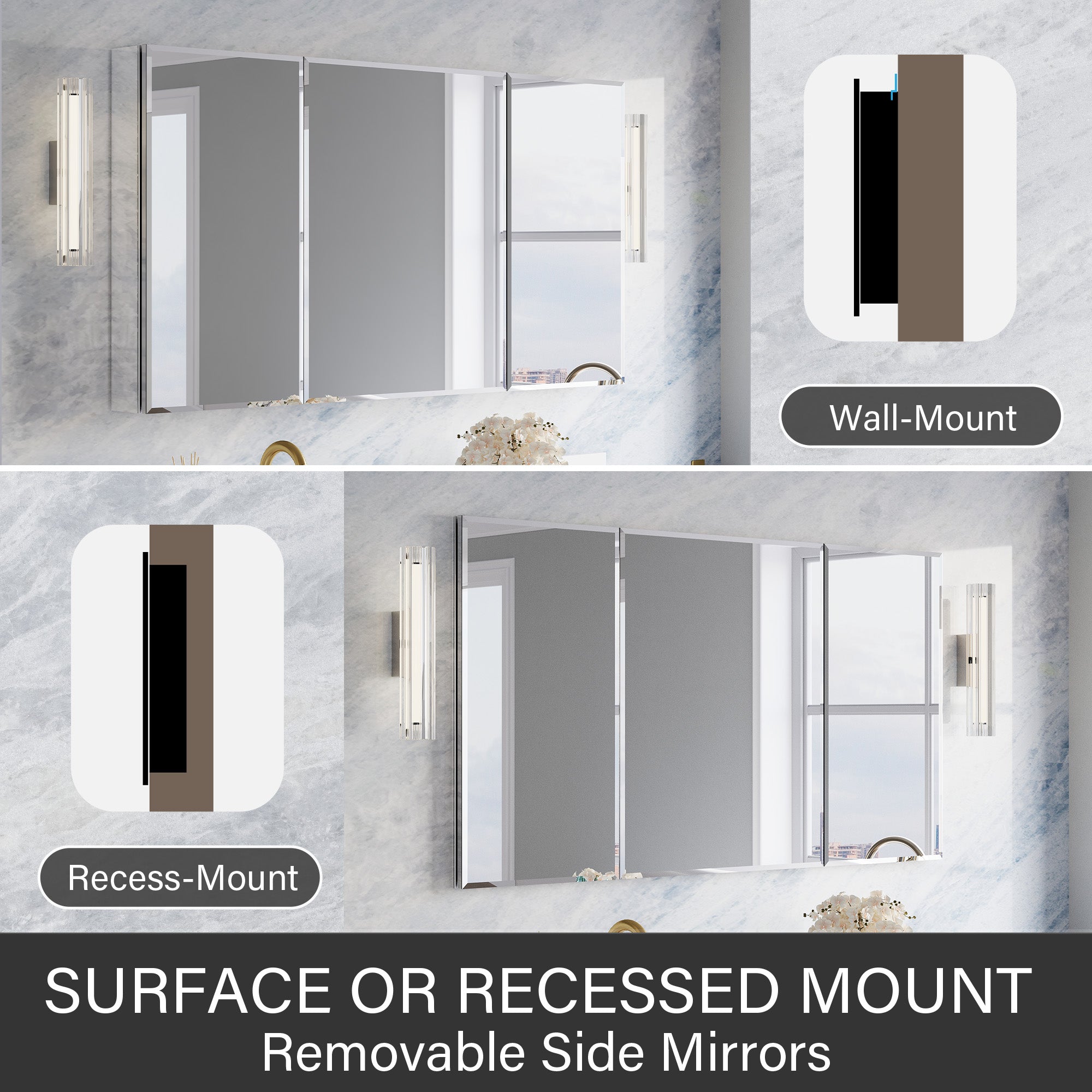 56 in.×30 in.H Aluminum Copper-Free Mirror Medicine Cabinet with Beveled Mirror Door, Soft-Close Blum® Hinges, 9 Adjustable Shelves