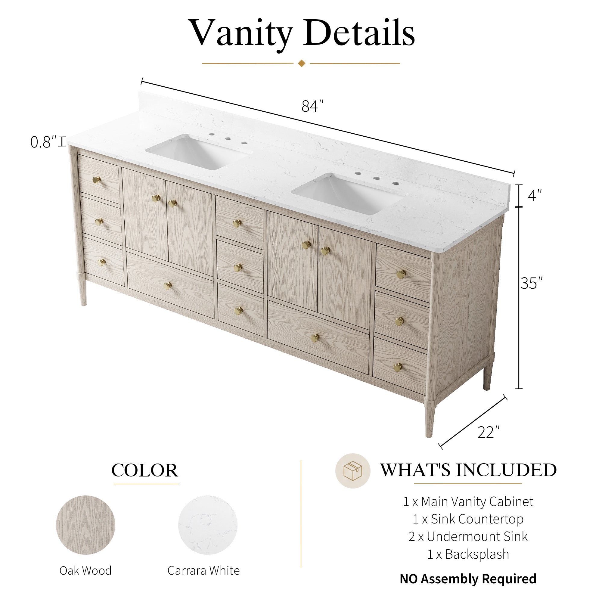 84 Inch Solid Wood Bathroom Vanity with Carrara Quartz Top, 4 Soft-Close Doors & 11 Drawers