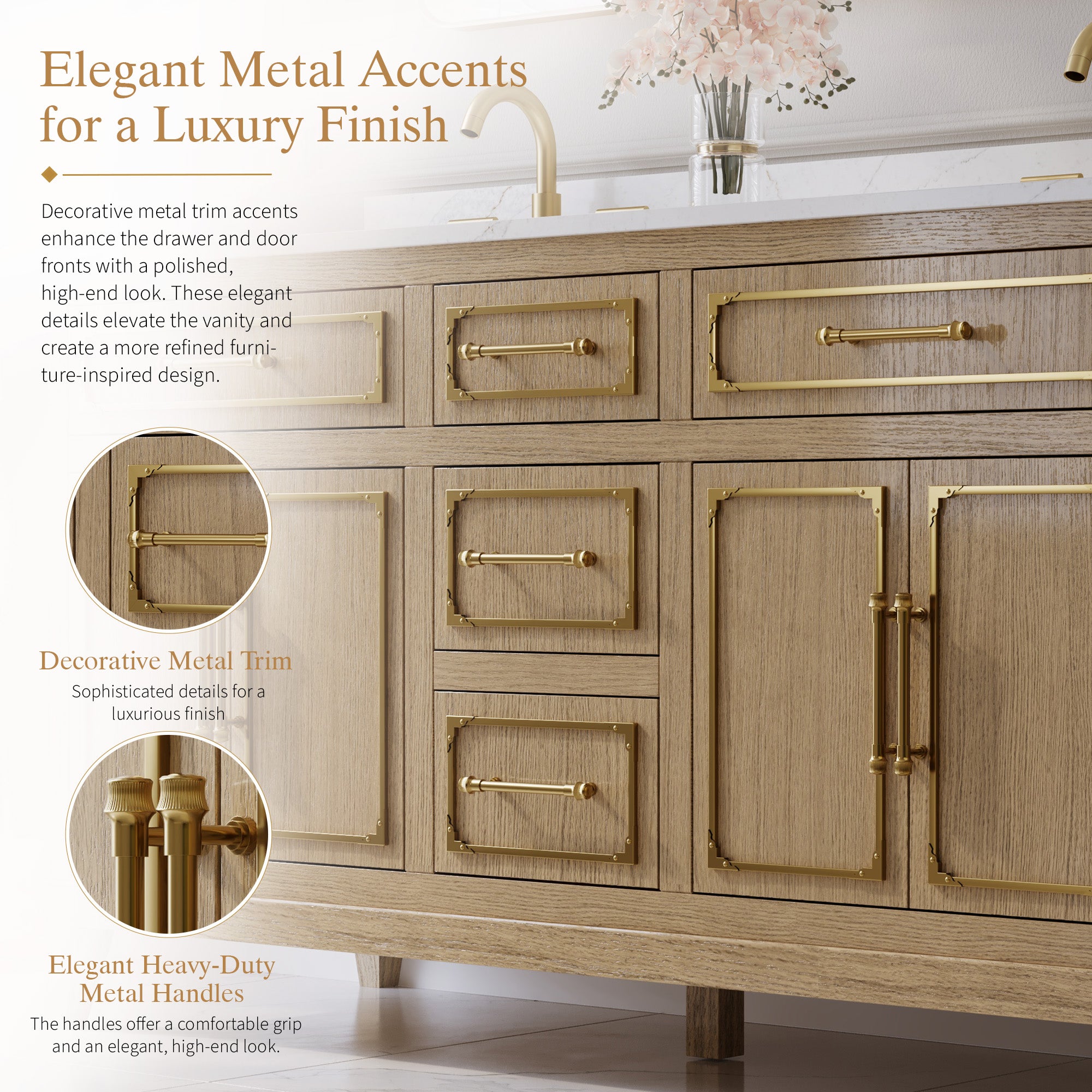 60 Inch Luxury Solid Oak Bathroom Vanity with Calacatta Quartz Countertop & Sinks, 3 Soft-Close Drawers and 2 Flip Drawers