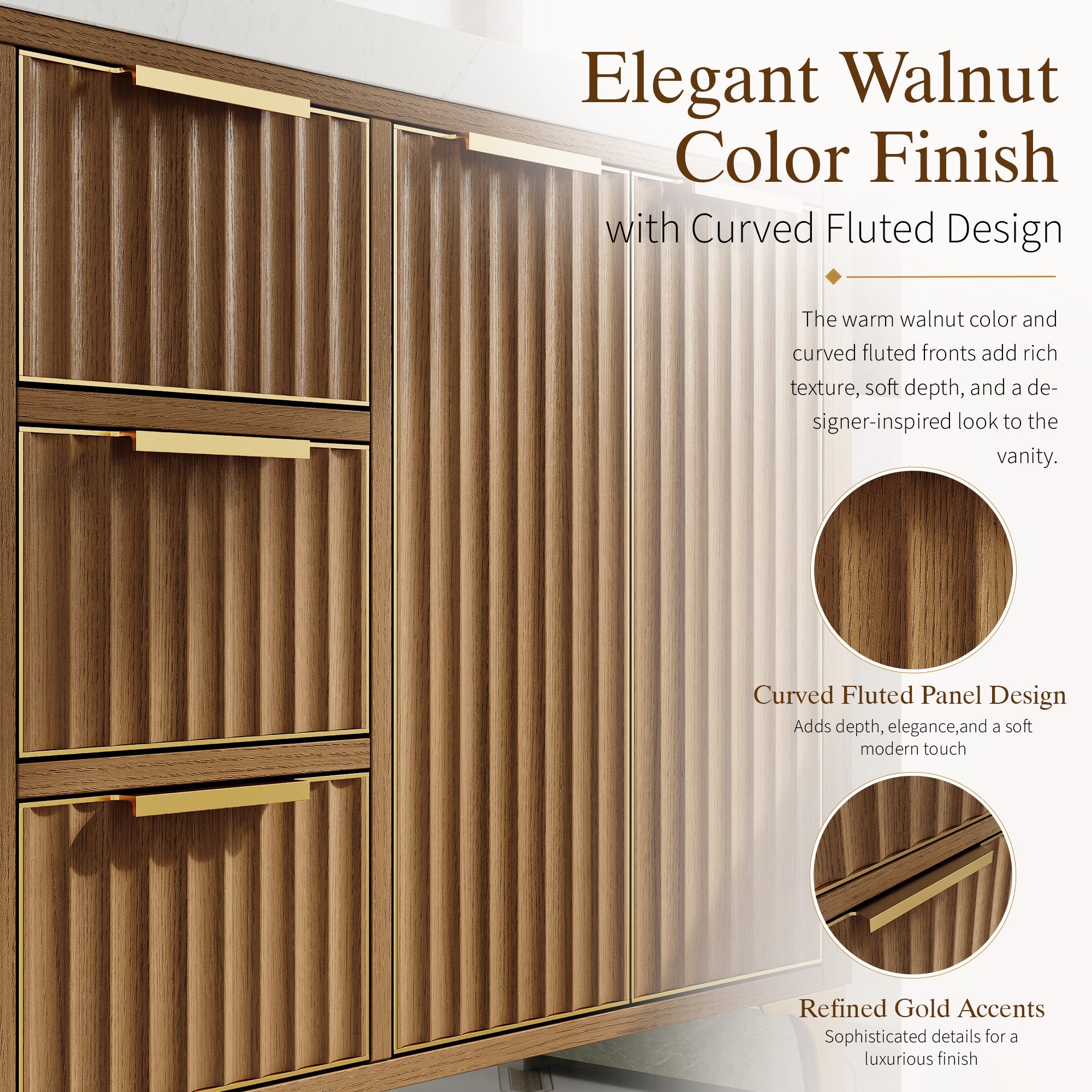 60 Inch Luxury Solid Oak Bathroom Vanity with Calacatta Quartz Countertop & 3 Dovetail Drawers and 4 Soft-close Doors