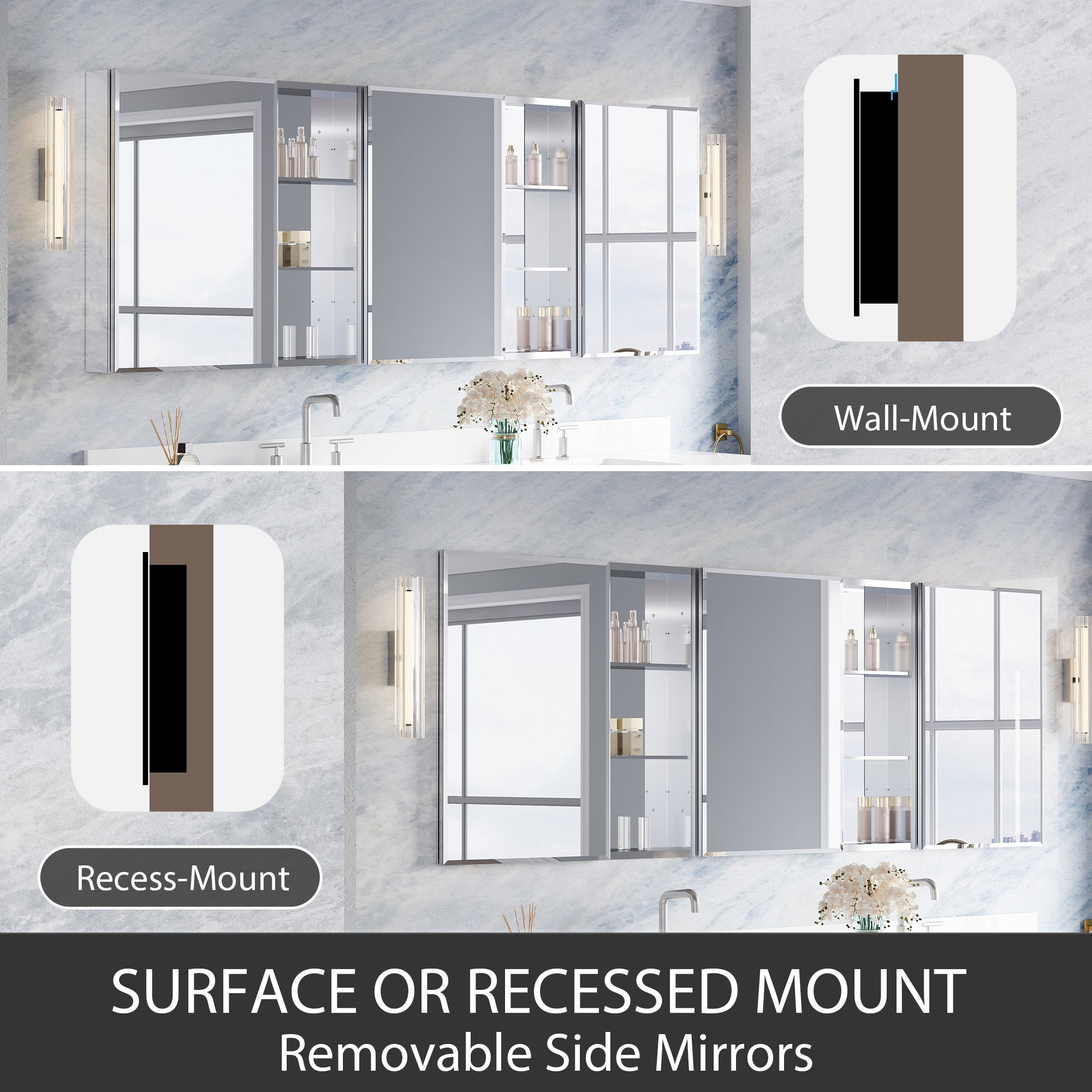 84 in.×30 in.H Aluminum Copper-Free Mirror Medicine Cabinet with Beveled Mirror Door and Open Shelf Storage Set
