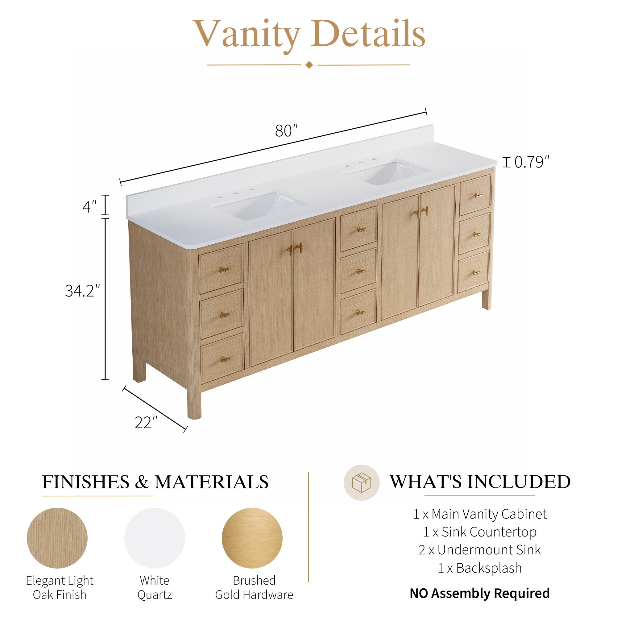 80 Inch Solid Wood Oak Bathroom Vanity with White Quartz Countertop & Sink – 3 Dovetail Soft-Close Drawers