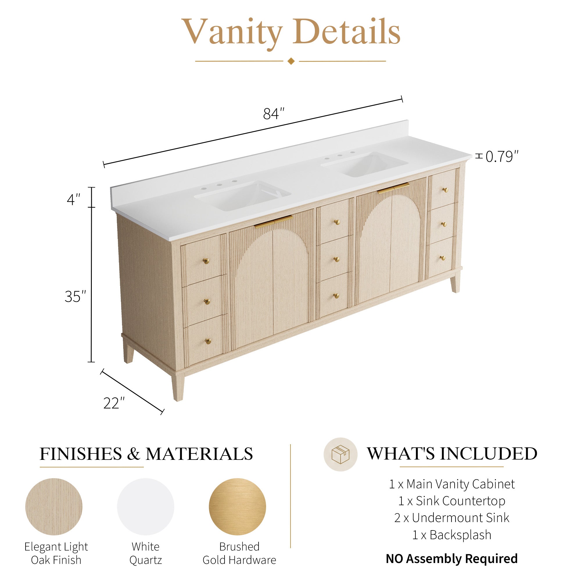 84 Inch Modern Light Oak Solid Wood Bathroom Vanity with White Quartz Countertop & 9 Soft-Close Drawers