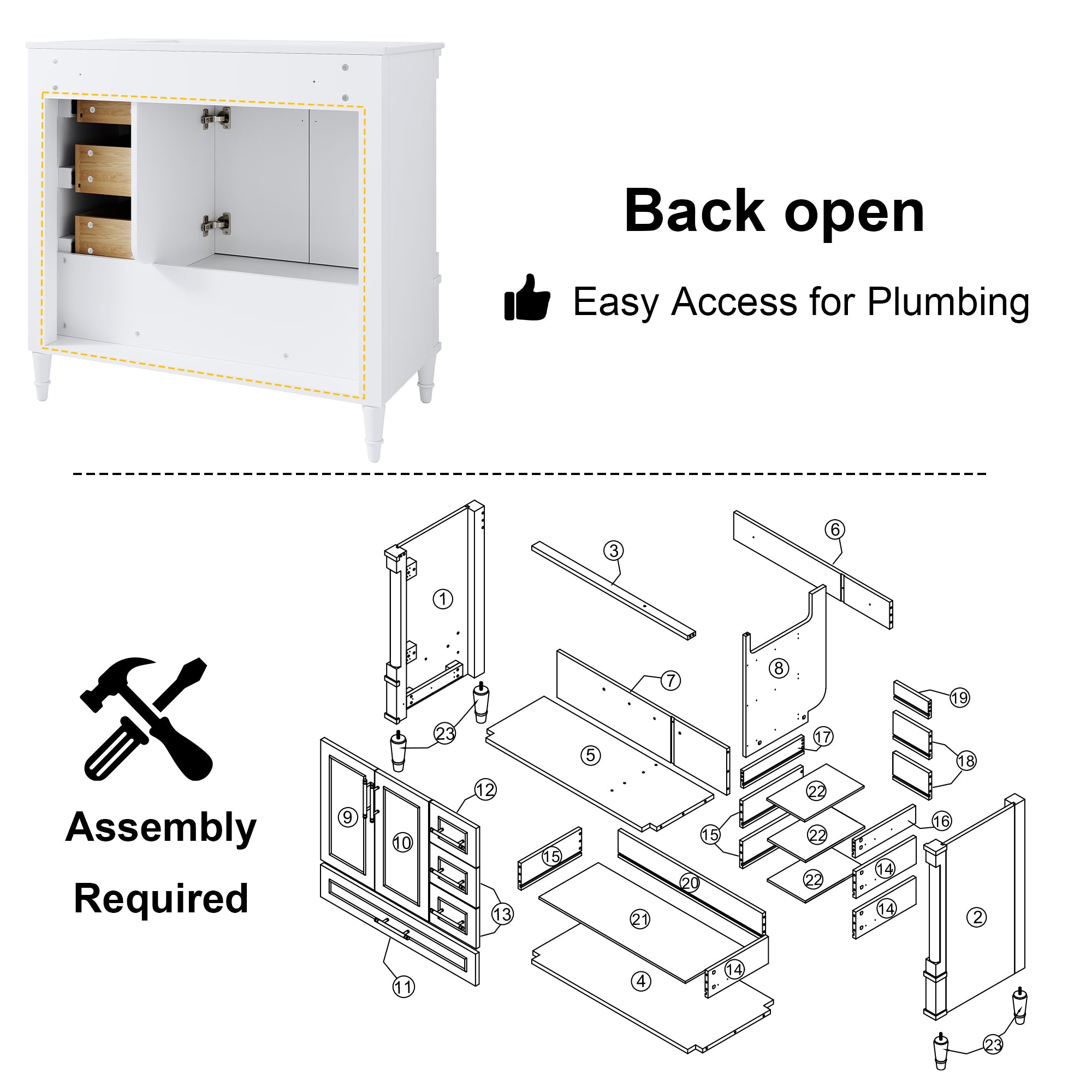 36 inch Bathroom Vanity with Single Sink, Solid Wooden Standing Bathroom Cabinet with Soft-Closing Doors
