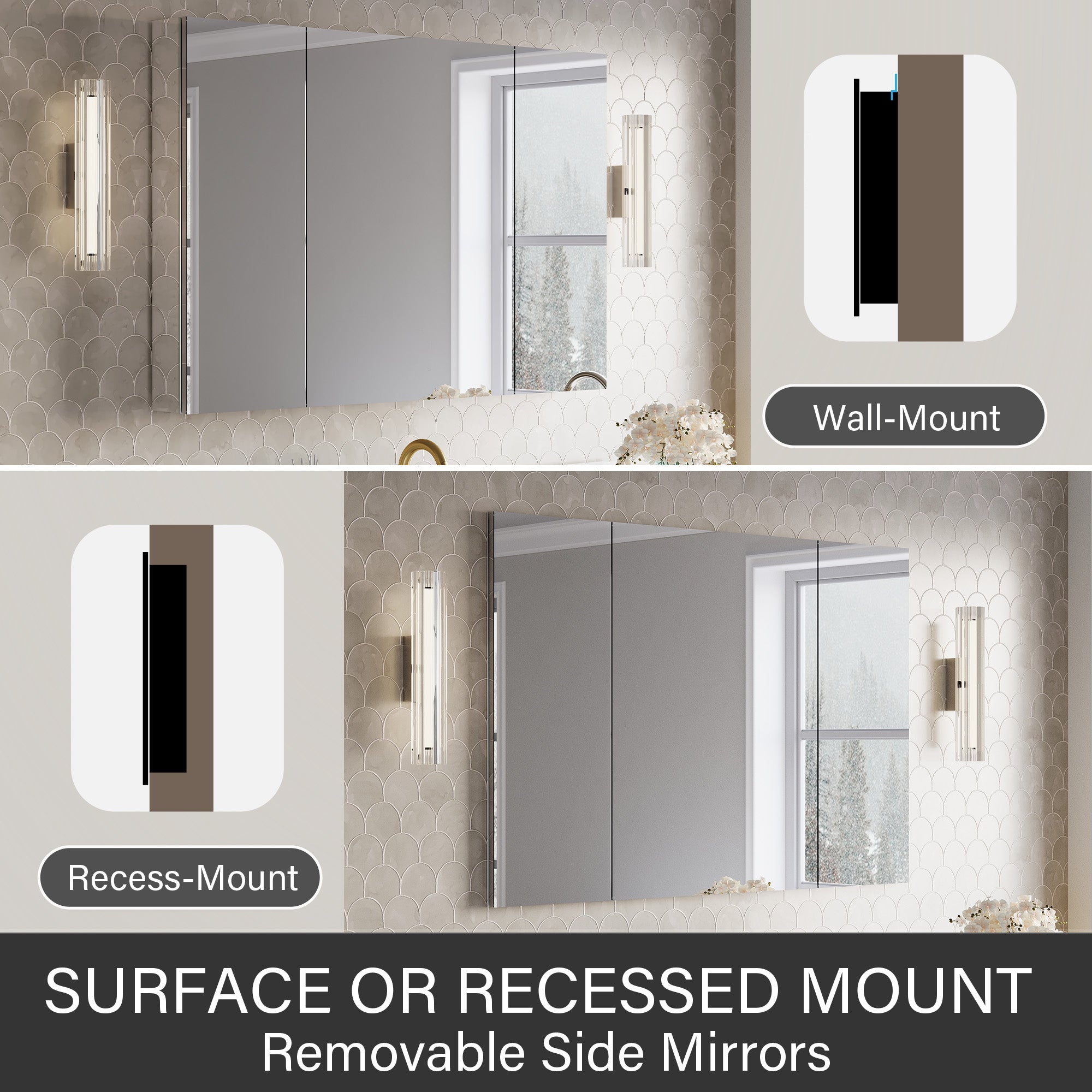 48 in.×32 in.H Copper-Free Mirror Medicine Cabinet with Soft-Close Blum® Hinges and 3 Doors