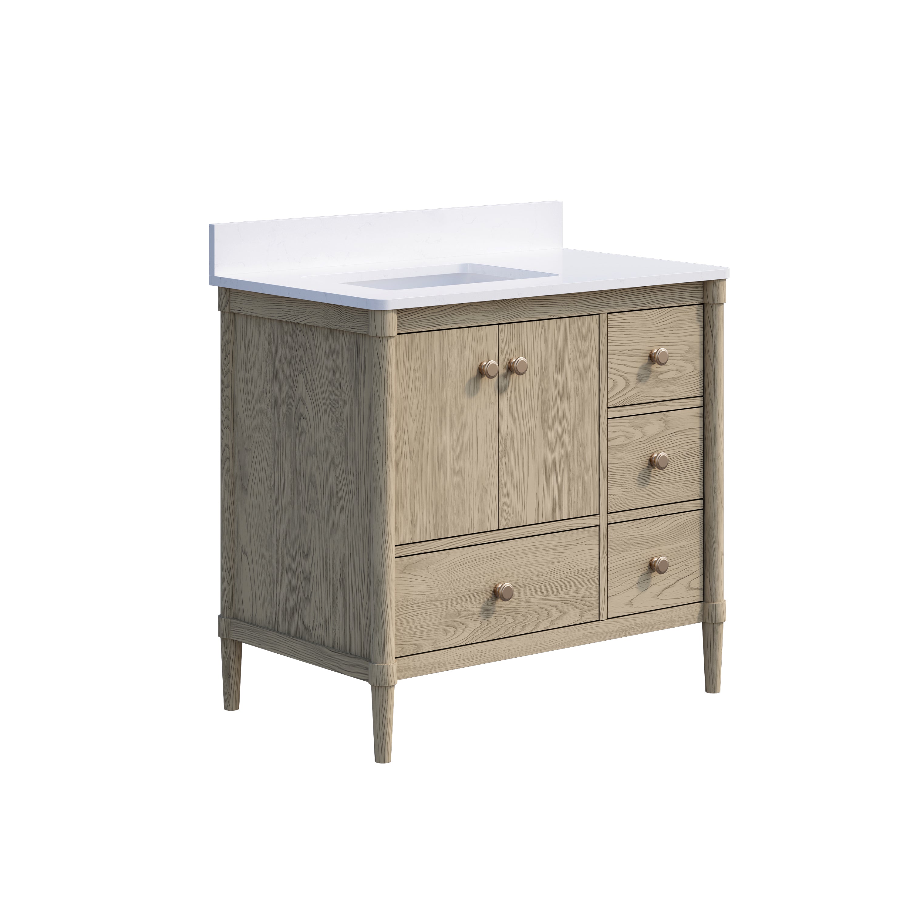 36-Inch Freestanding Oak Bathroom Vanity with Single Carrara White Quartz Top Sink