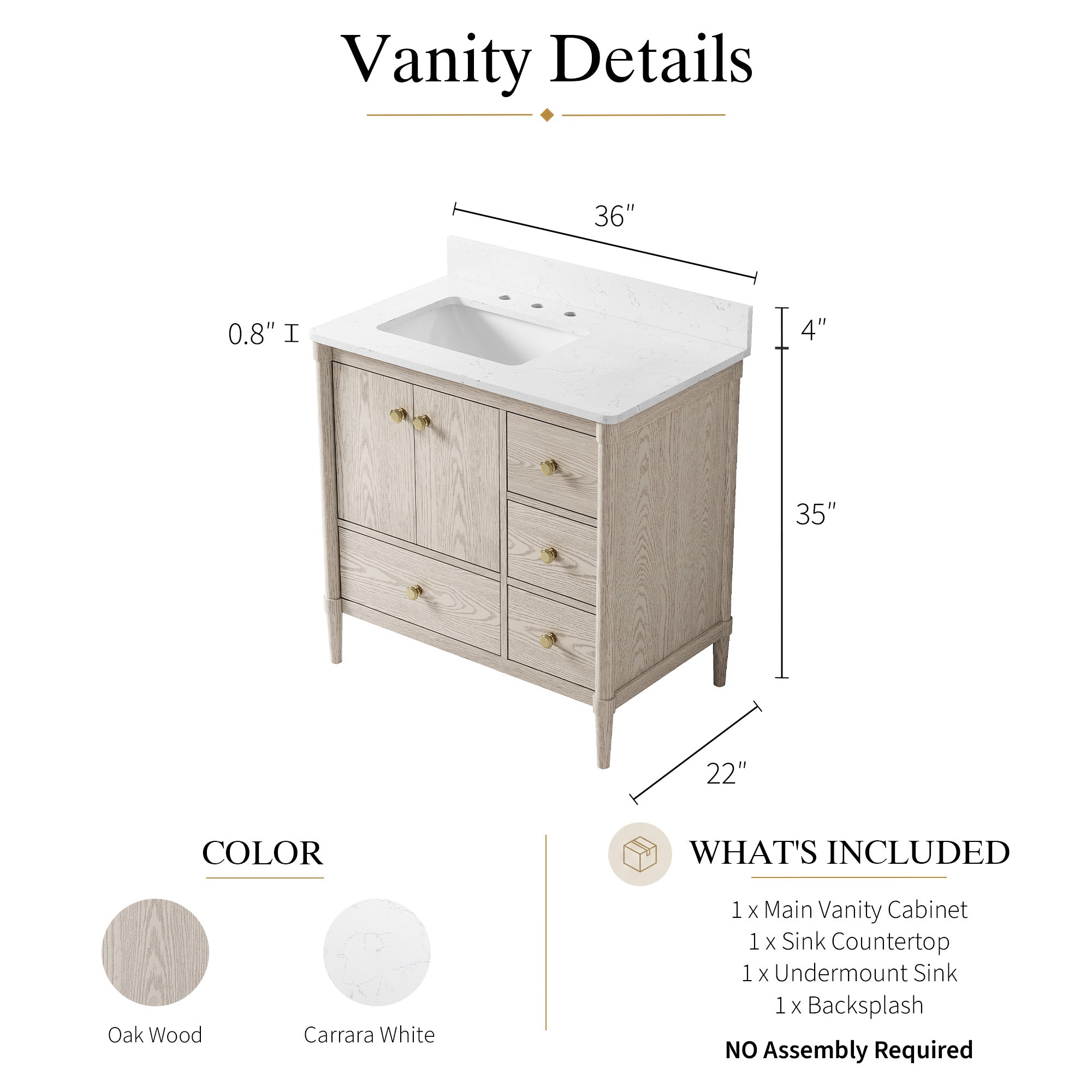 36-Inch Freestanding Oak Bathroom Vanity with Single Carrara White Quartz Top Sink
