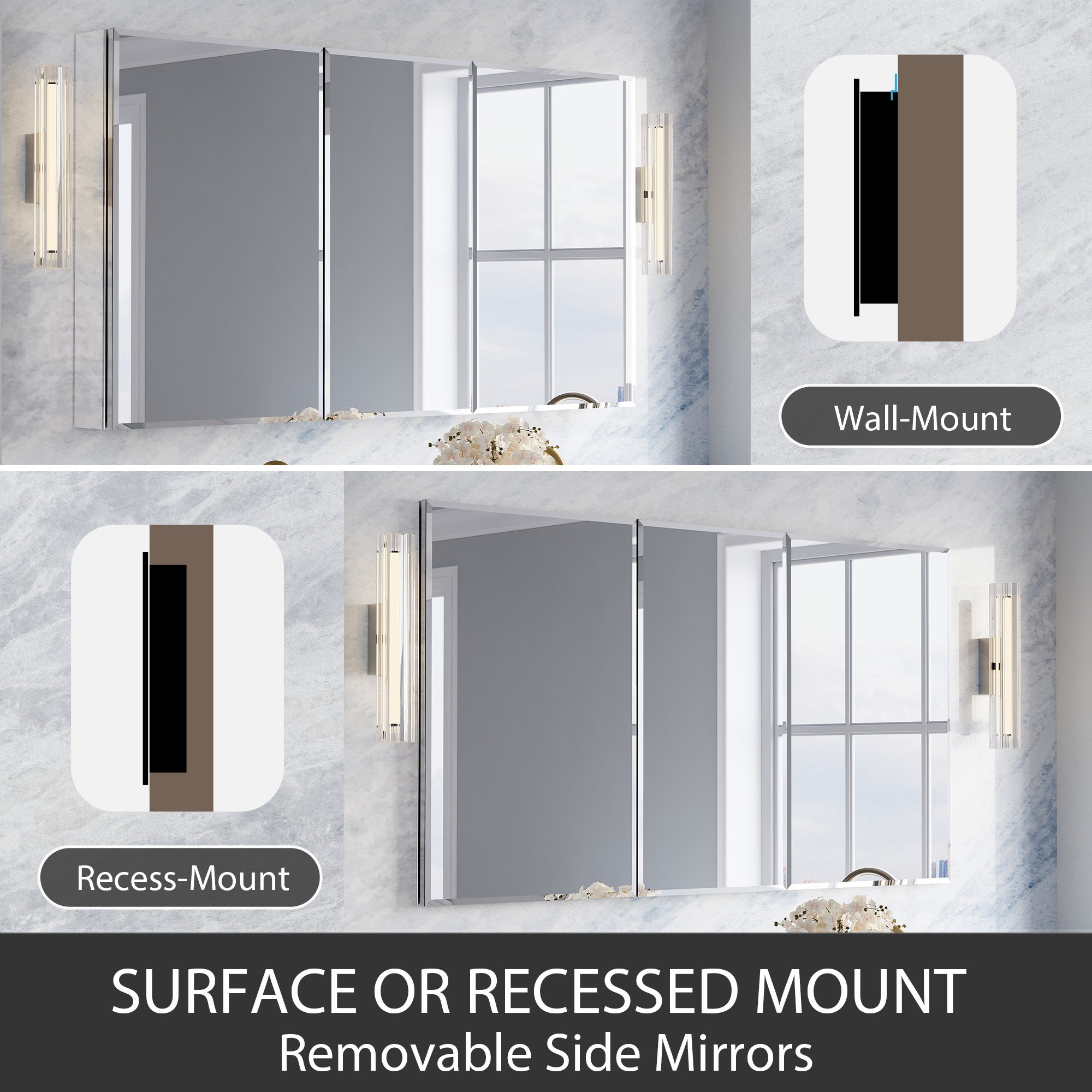 56 in.×30 in.H Aluminum Copper-Free Mirror Medicine Cabinet with Beveled Mirror Door, Recessed or Surface Mount, Adjustable Shelves