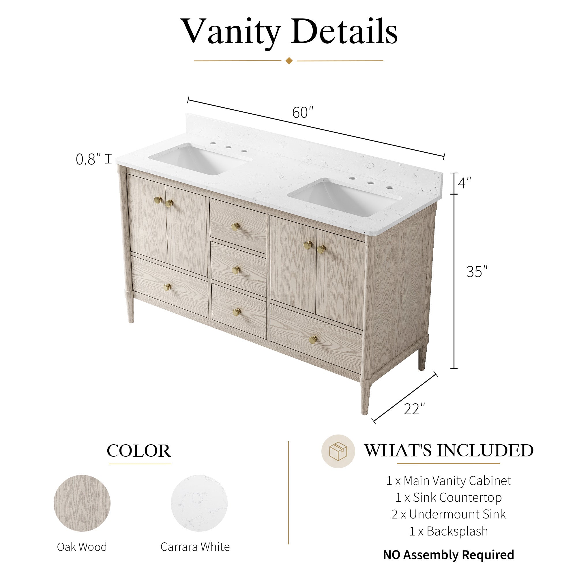 60-Inch Freestanding Oak Bathroom Vanity with Carrara White Quartz Top Double Sinks