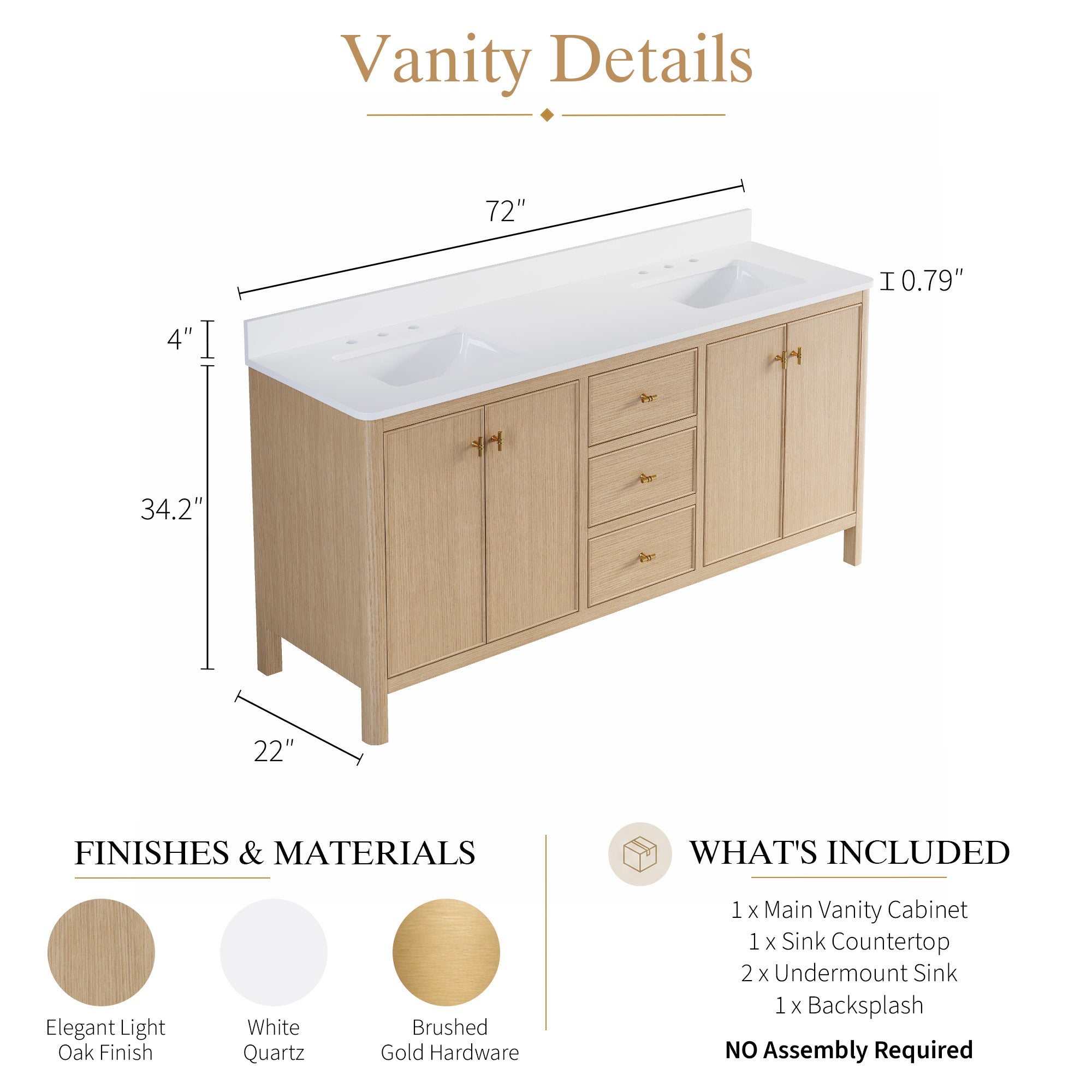 72 Inch Solid Wood Oak Bathroom Vanity with White Quartz Countertop & Sink – 3 Dovetail Soft-Close Drawers