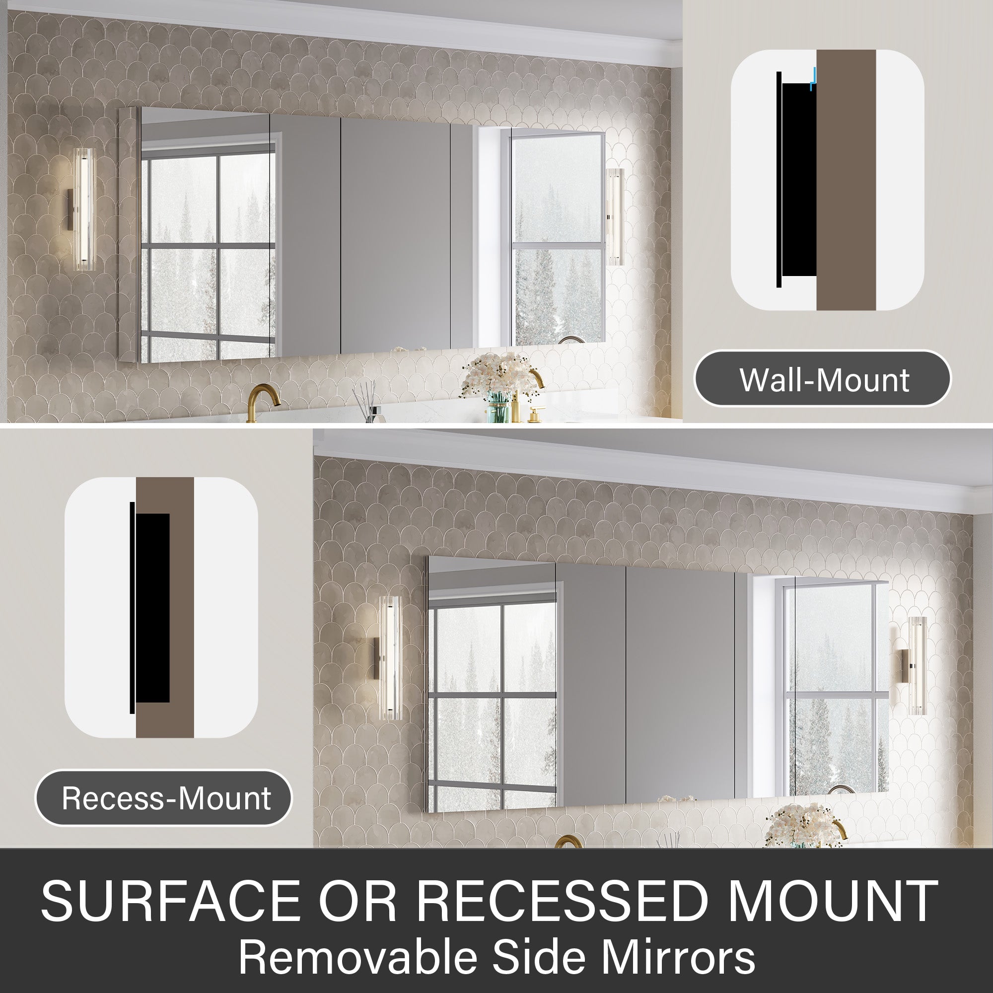 84 in.×32 in.H Copper-Free Mirror Medicine Cabinet with Soft-Close Blum® Hinges and 5 Doors