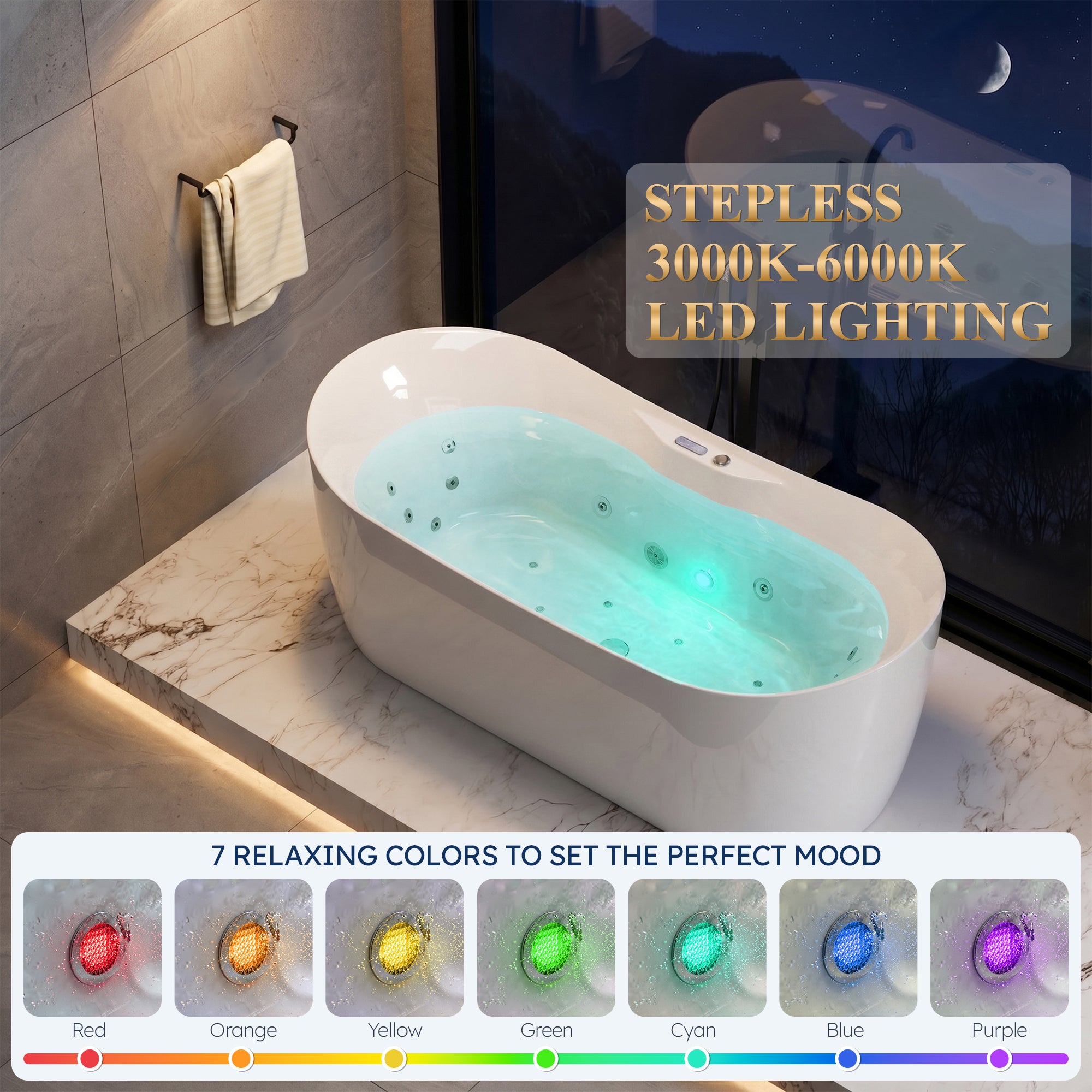 72 in. x 34 in. Acrylic Freestanding Whirlpool & Air Bubble Heated Bathtub with LED Control Panel, Water Jets, Drain & Overflow, Glossy White