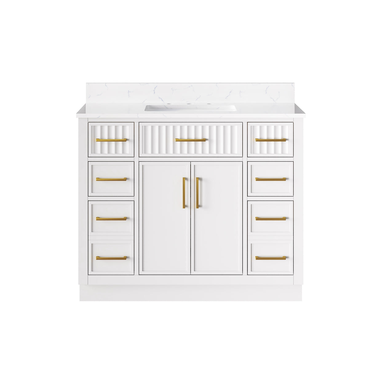 42 Inch Solid Wood and Plywood Bathroom Vanity with Carrara White Quartz Top, 2 Soft-Close Doors & 7 Drawers, White
