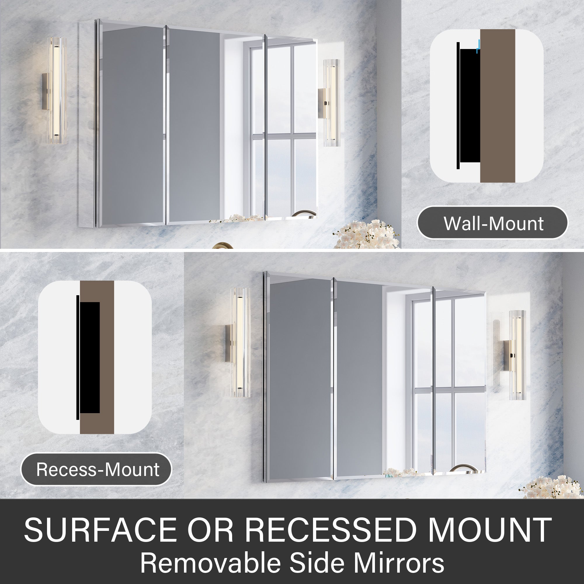 44 in.×30 in.H Copper-Free Mirror Medicine Cabinet with Beveled Mirror Door, Recessed or Surface Mount, Adjustable Shelves