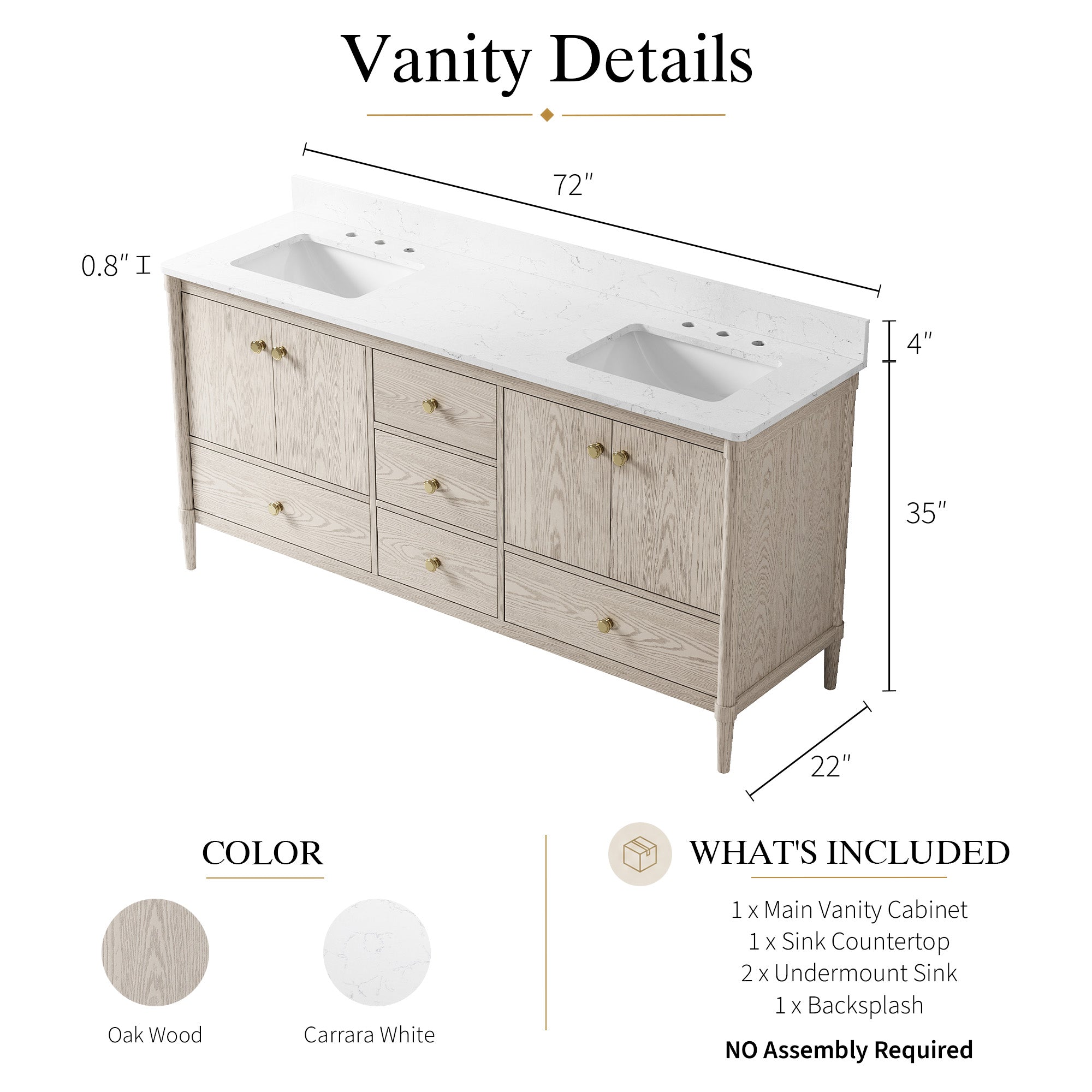 72 Inch Solid Wood Bathroom Vanity with Carrara Quartz Top, 4 Soft-Close Doors & 5 Drawers