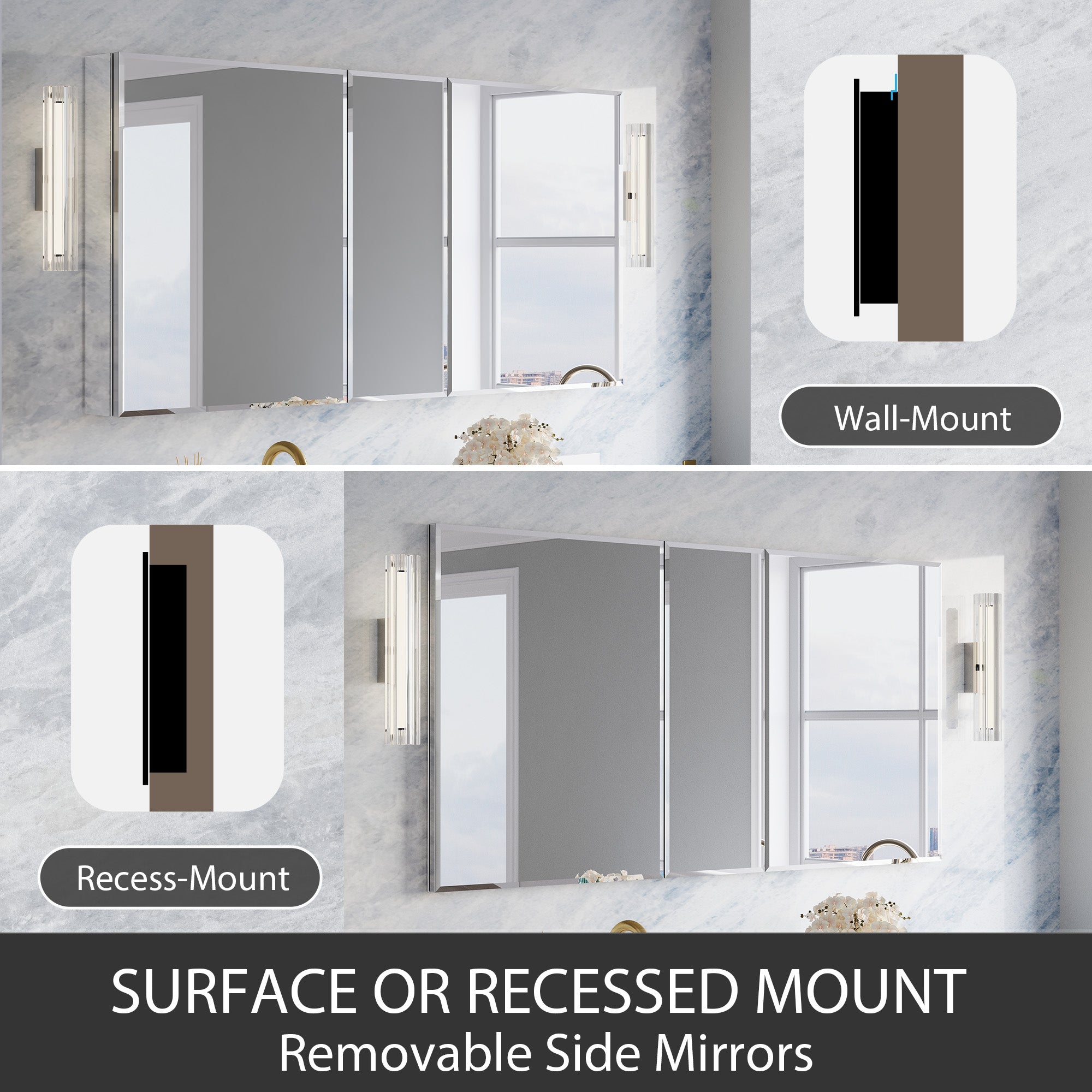 60 in.×30 in.H Aluminum Copper-Free Mirror Medicine Cabinet with Beveled Mirror Door, Recessed or Surface Mount, Adjustable Shelves