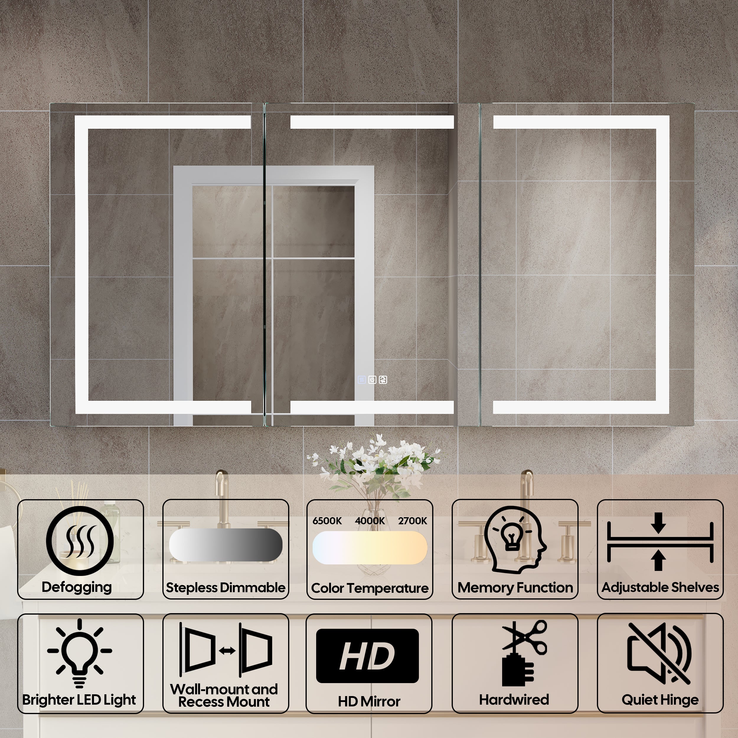 60 in. x 30 in. LED Lighted Aluminum Bathroom Medicine Cabinet with Anti-Fog, Dimmable Lighting, Outlet, Surface or Recessed Mount