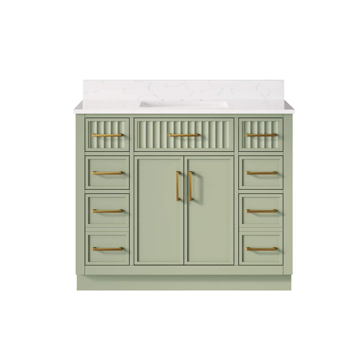 42 Inch Solid Wood and Plywood Bathroom Vanity with Carrara White Quartz Top, 2 Soft-Close Doors & 7 Drawers, SAGE GREEN