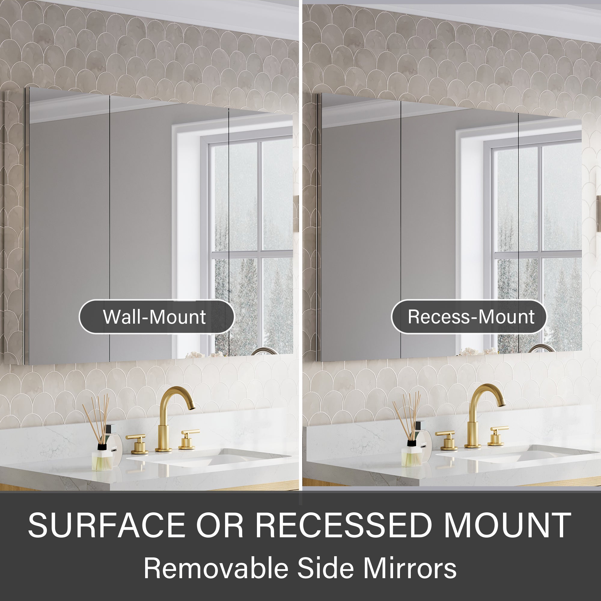 44 in.×32 in.H Copper-Free Mirror Medicine Cabinet with Soft-Close Blum® Hinges and 3 Doors