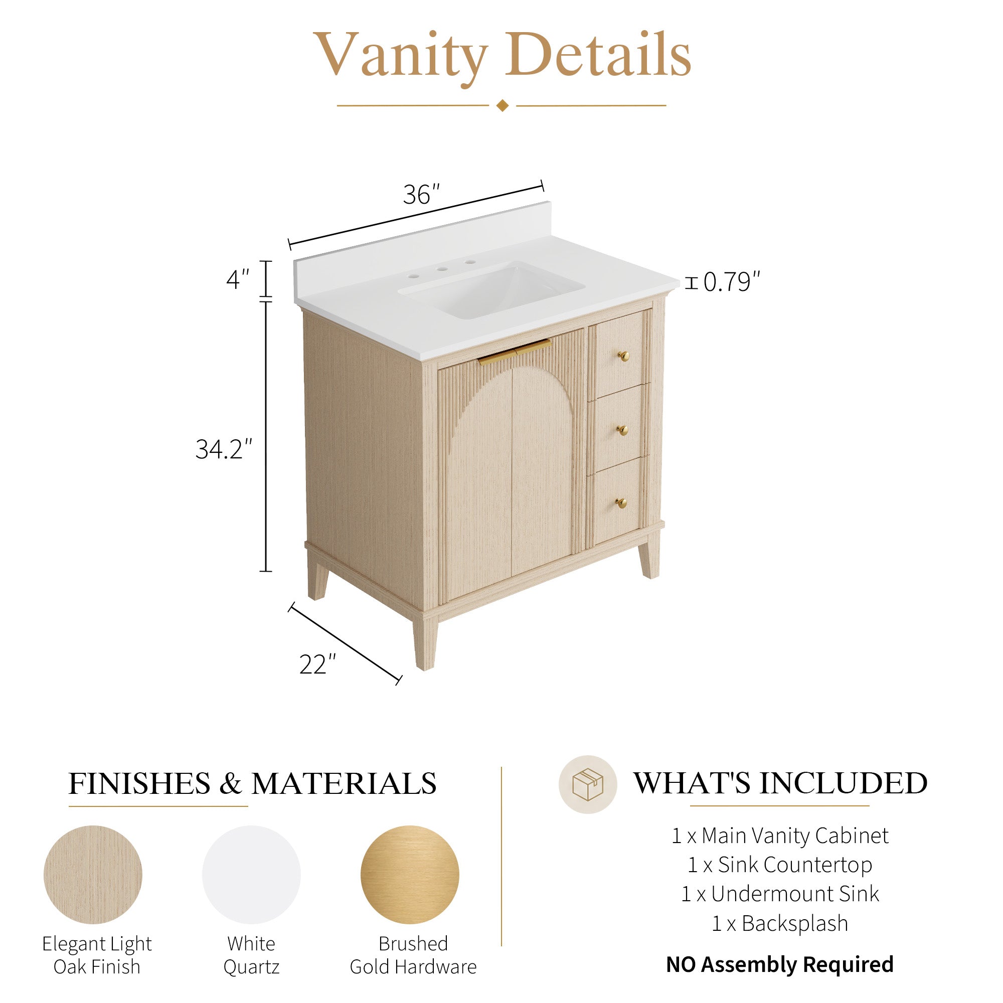 36 Inch Modern Light Oak Solid Wood Bathroom Vanity with White Quartz Countertop & Soft-Close Drawers