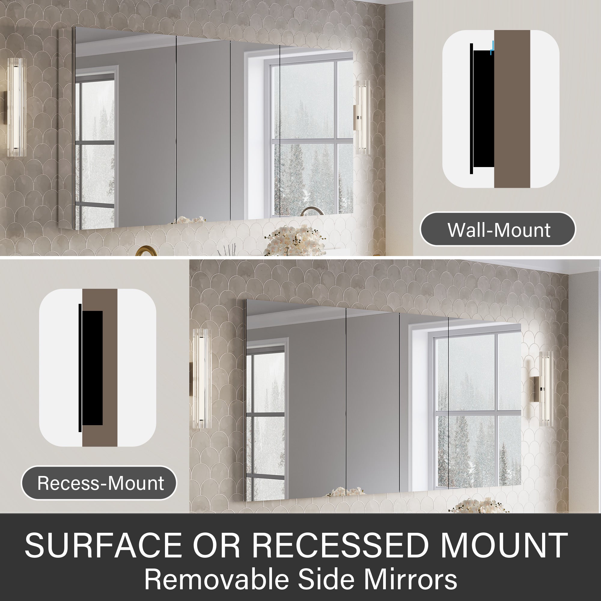 64 in.×32 in.H Copper-Free Mirror Medicine Cabinet with Soft-Close Blum® Hinges and 4 Doors