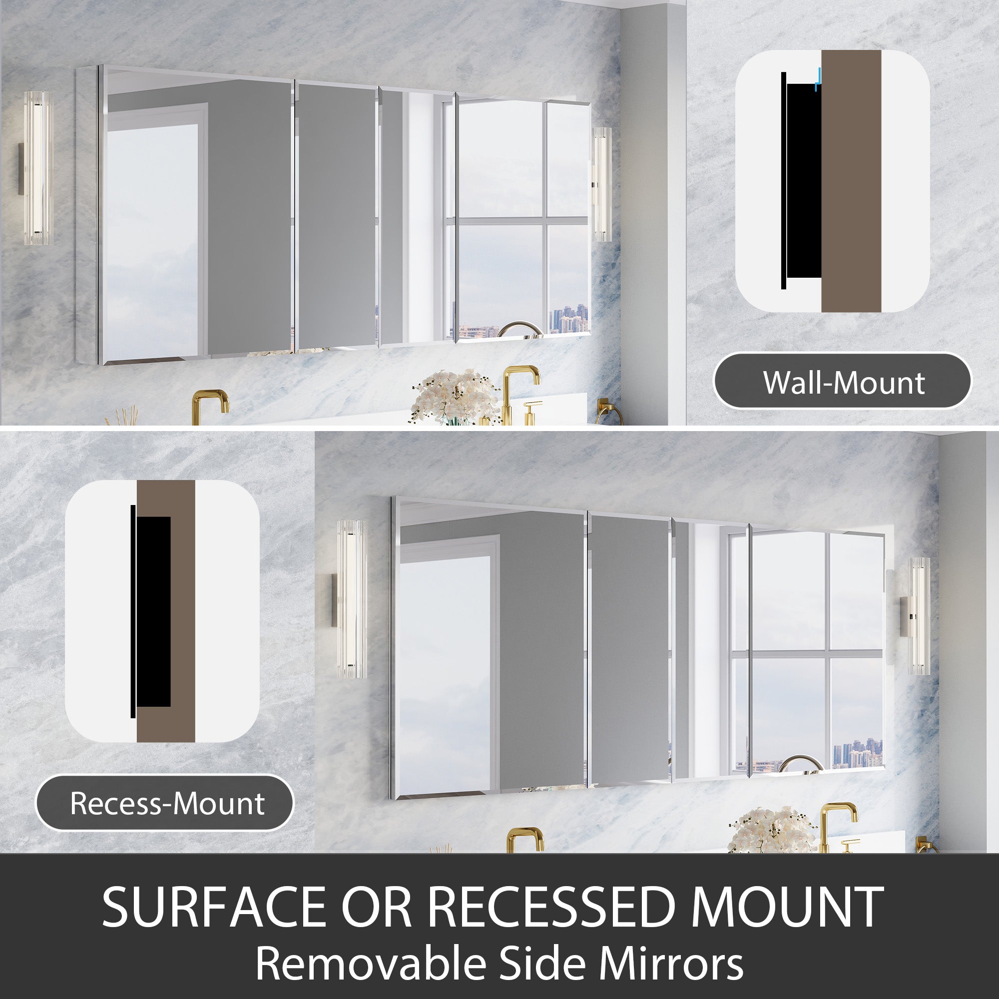 72 in.×30 in.H Aluminum Copper-Free Mirror Medicine Cabinet with Beveled Mirror Door, Recessed or Surface Mount, 12 Adjustable Shelves