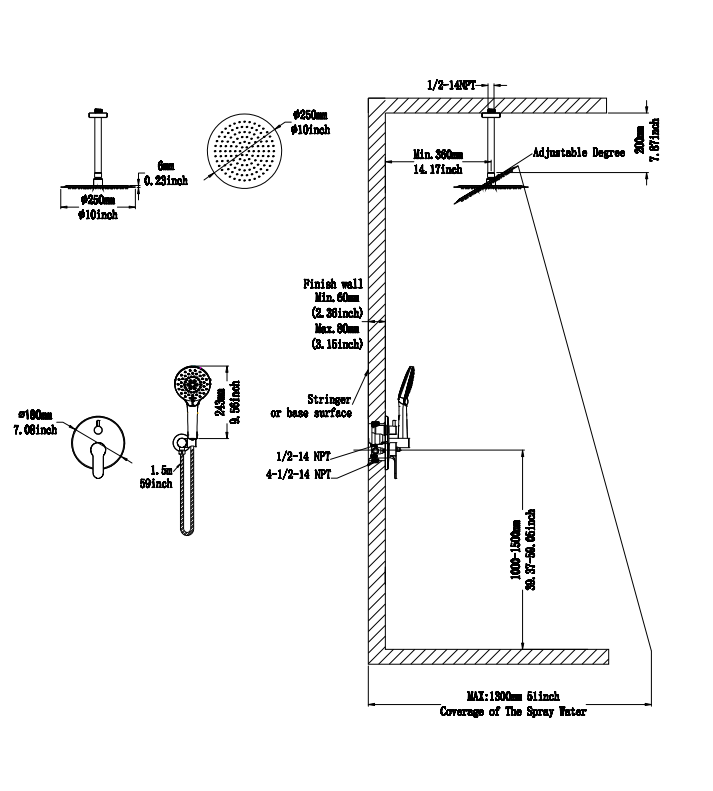 Single-Handle 3-Spray Round High Pressure Ceiling Shower Faucet with 10 in. Shower Head
