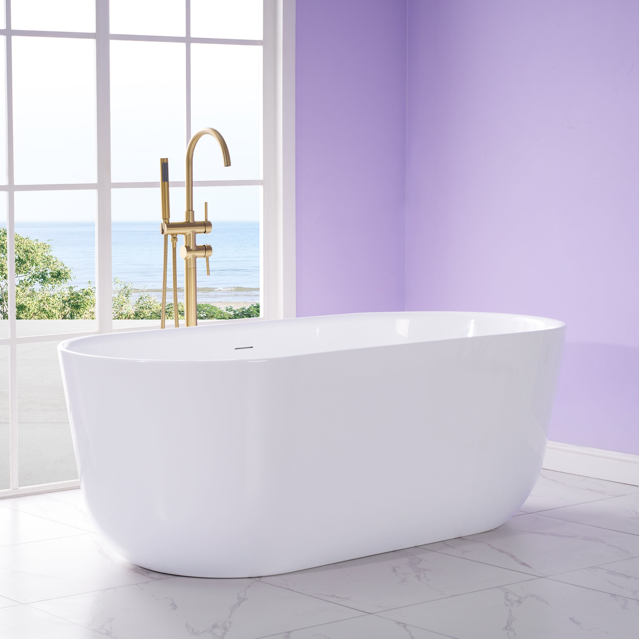 67" Freestanding Glossy White Acrylic Bathtub with Integrated Overflow and Chrome Drain