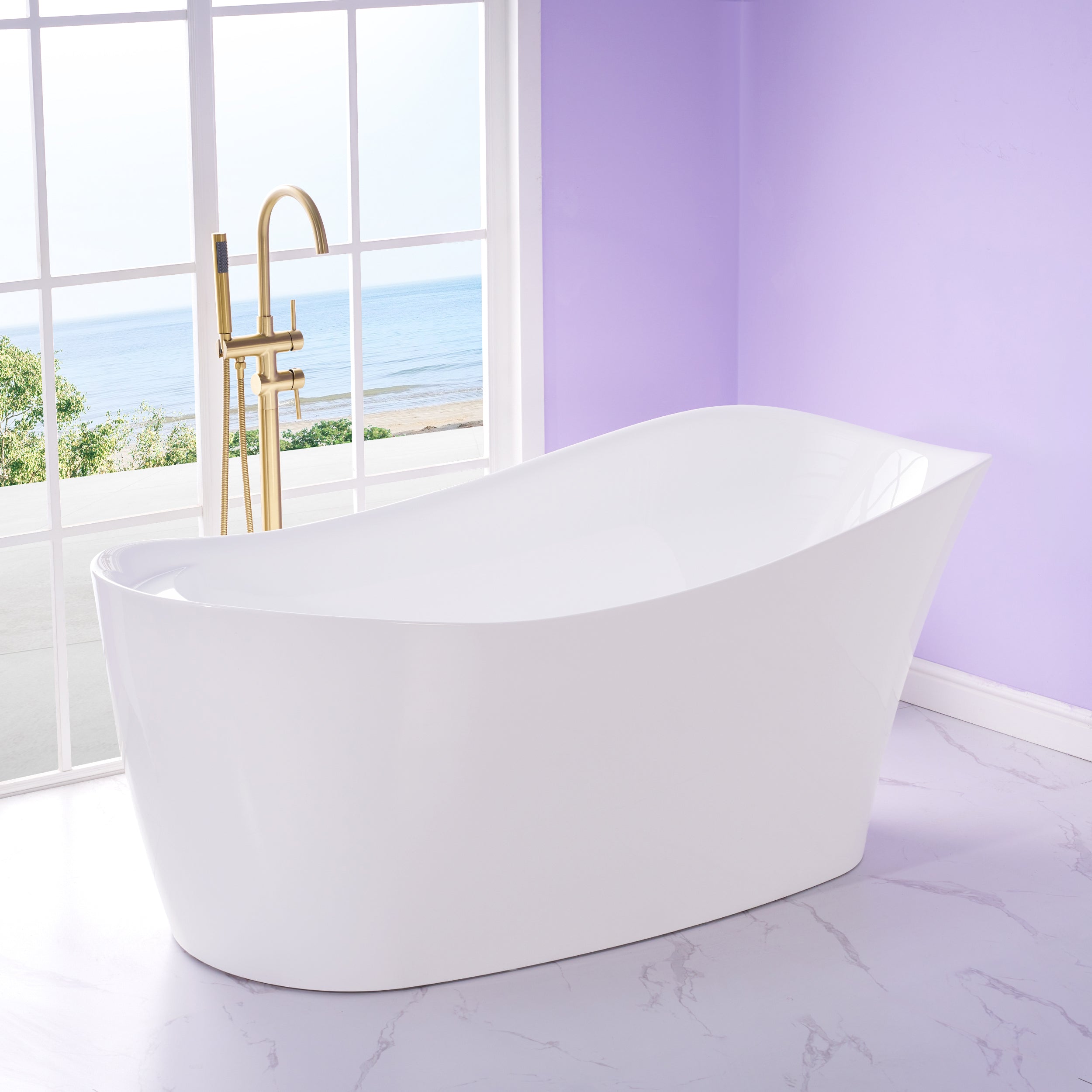 69" Freestanding Glossy White Acrylic Bathtub with Slotted Overflow and Drainer