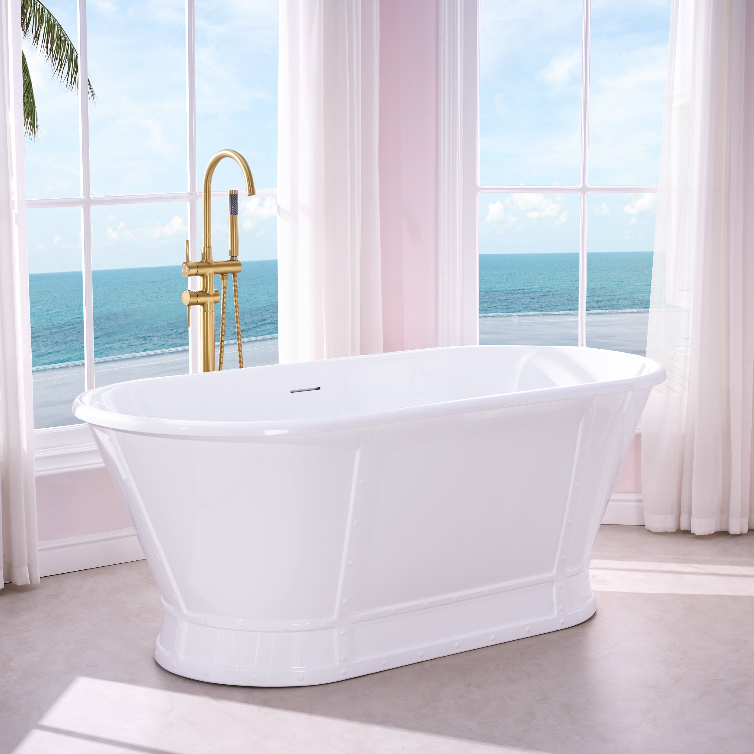 66" Freestanding Glossy White Acrylic Bathtub with Integrated Overflow