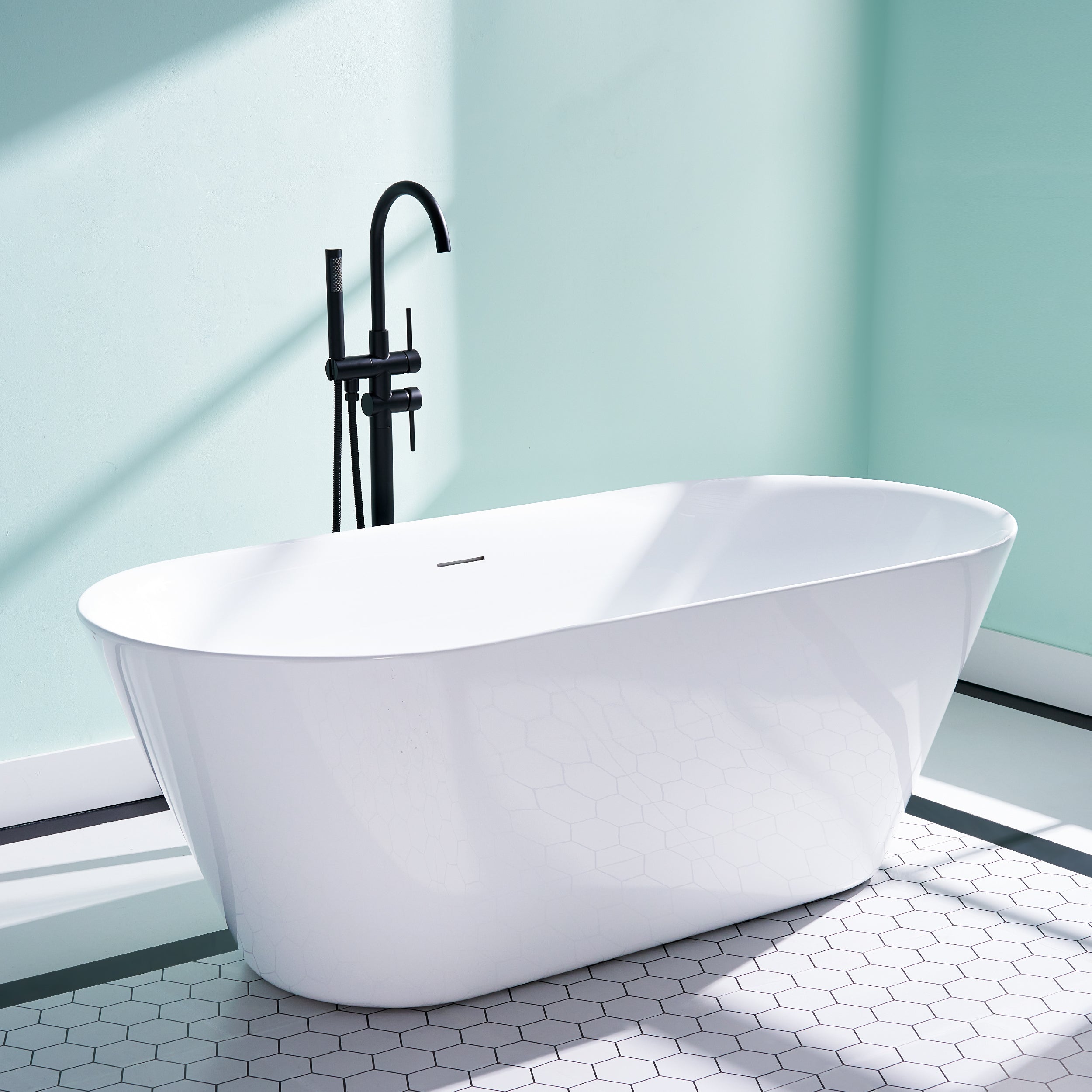66" Freestanding Glossy White Acrylic Bathtub with Slotted Overflow
